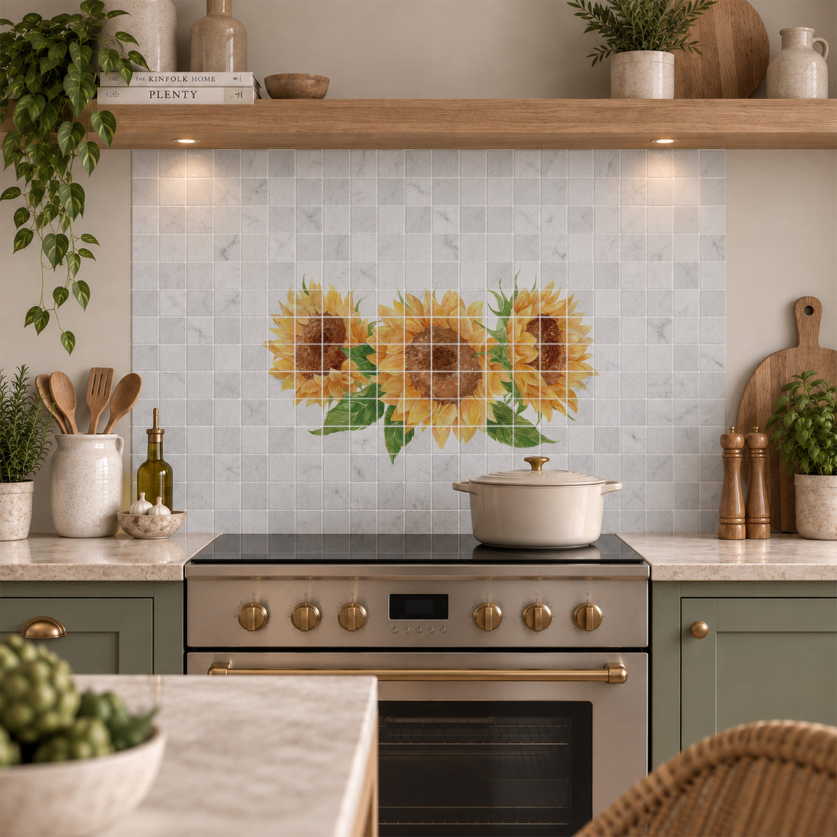 Hand-finished marble mural inspired by the English rural landscape featuring Sunflowers