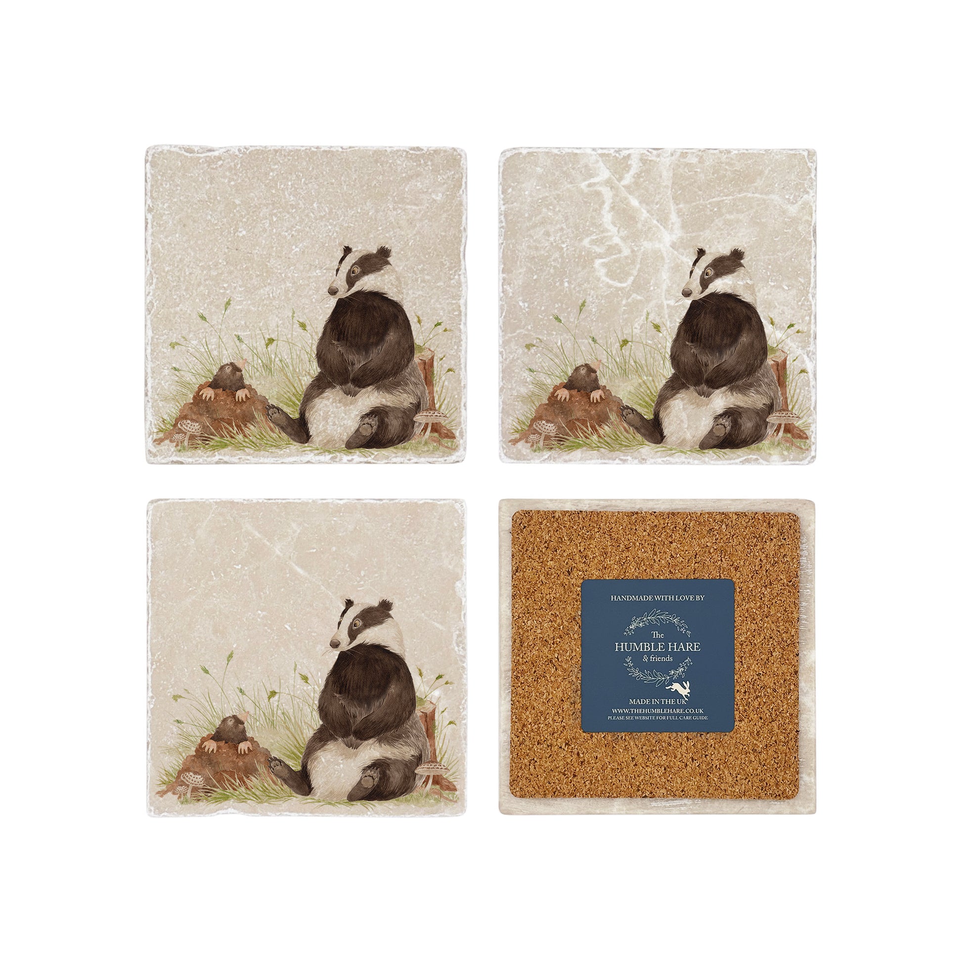 Water colour Badger and Mole marble coaster. Cork backing to protect your worktop