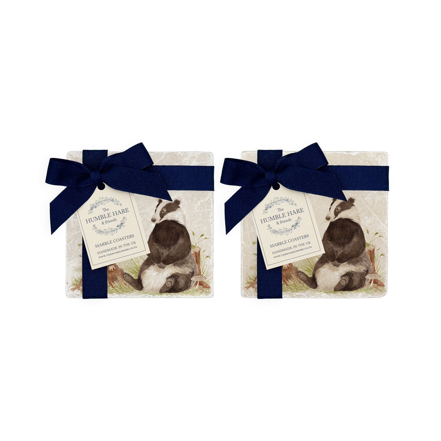 Water colour Badger and Mole marble coaster finished off with a luxurious blue ribbon
