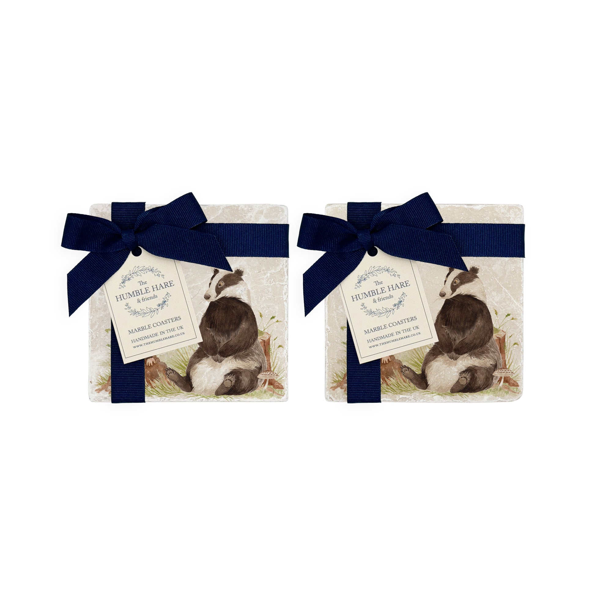 Water colour Badger and Mole marble coaster finished off with a luxurious blue ribbon