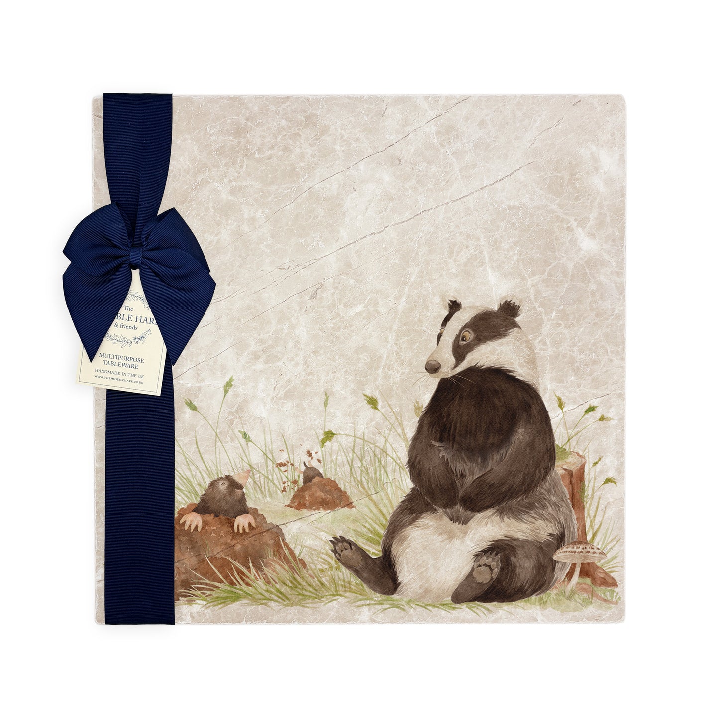 A beautiful water colour design featured on our beautiful marble stone platters. Great placemat, cheeseboard/worktop saver. Finished off with a beautiful blue ribbon. 