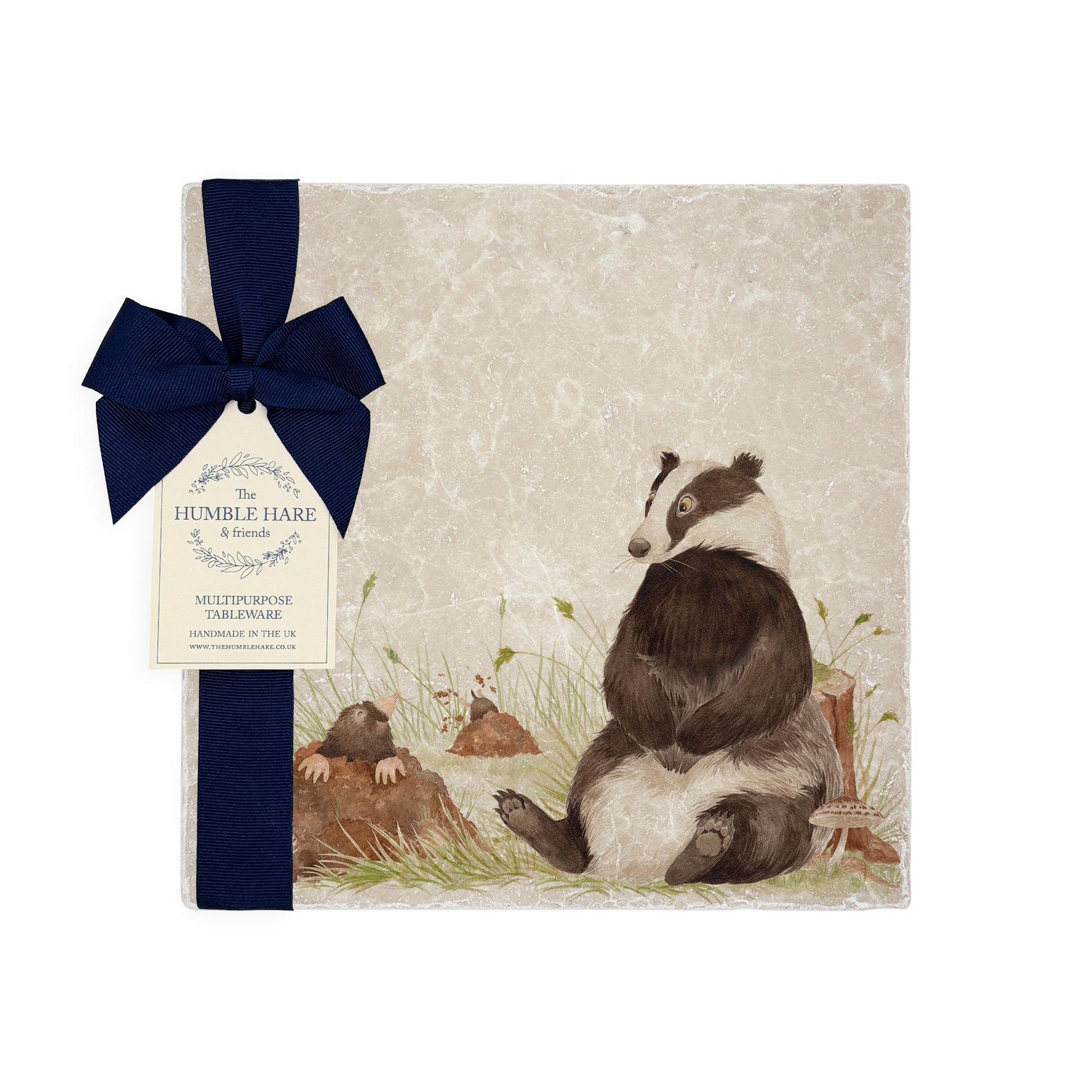 Badger and Mole design on natural stone, the perfect woodland pair to fill your home with countryside delights. Featuring The Humble Hares unique watercolour style. Finished off with a beautiful Blue Ribbon