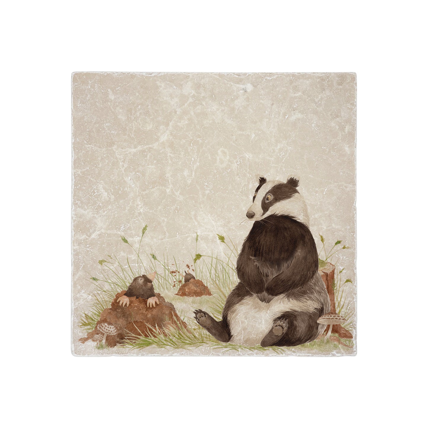 Badger and Mole design on natural stone, the perfect woodland pair to fill your home with countryside delights. Featuring The Humble Hares unique watercolour style.