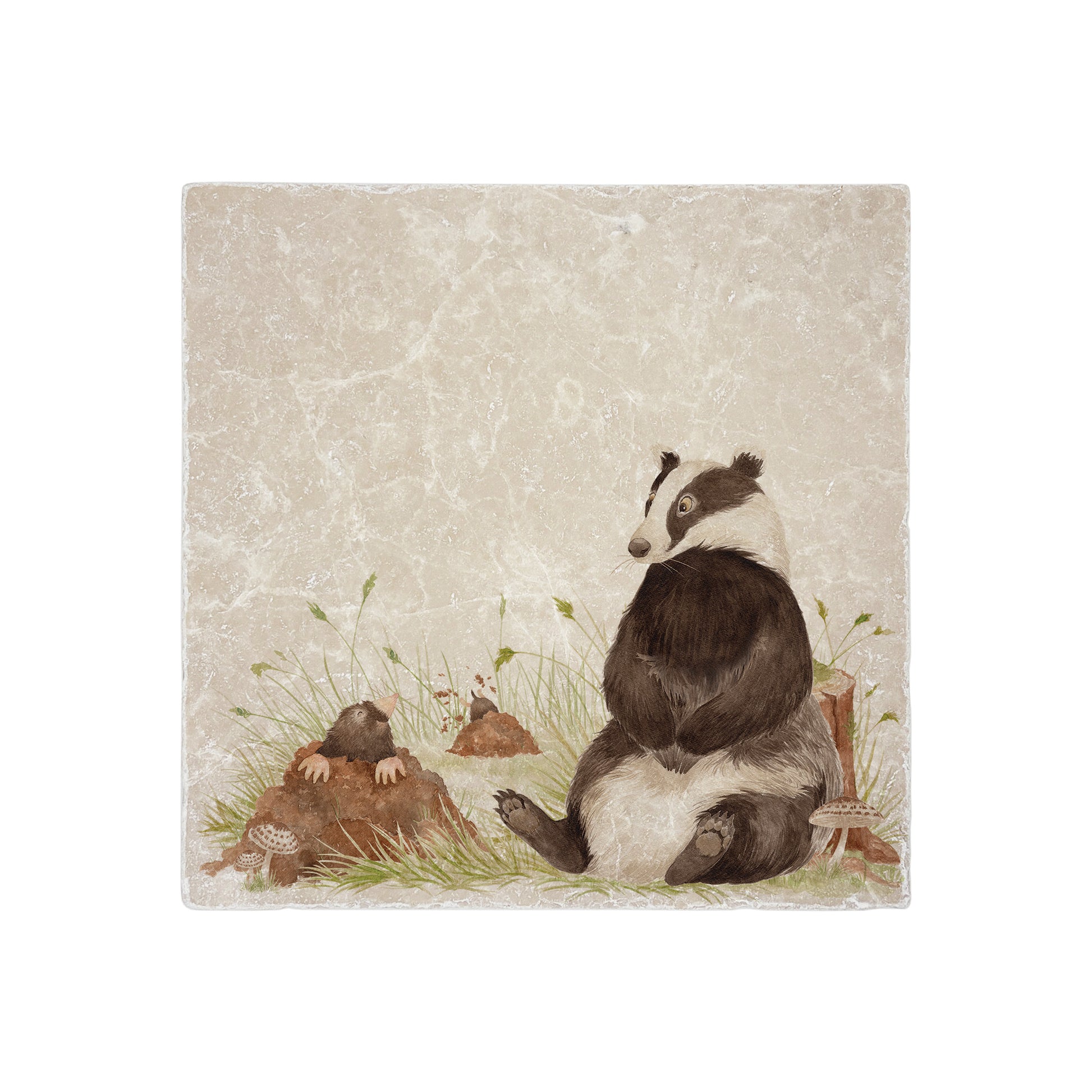 Badger and Mole design on natural stone, the perfect woodland pair to fill your home with countryside delights. Featuring The Humble Hares unique watercolour style.