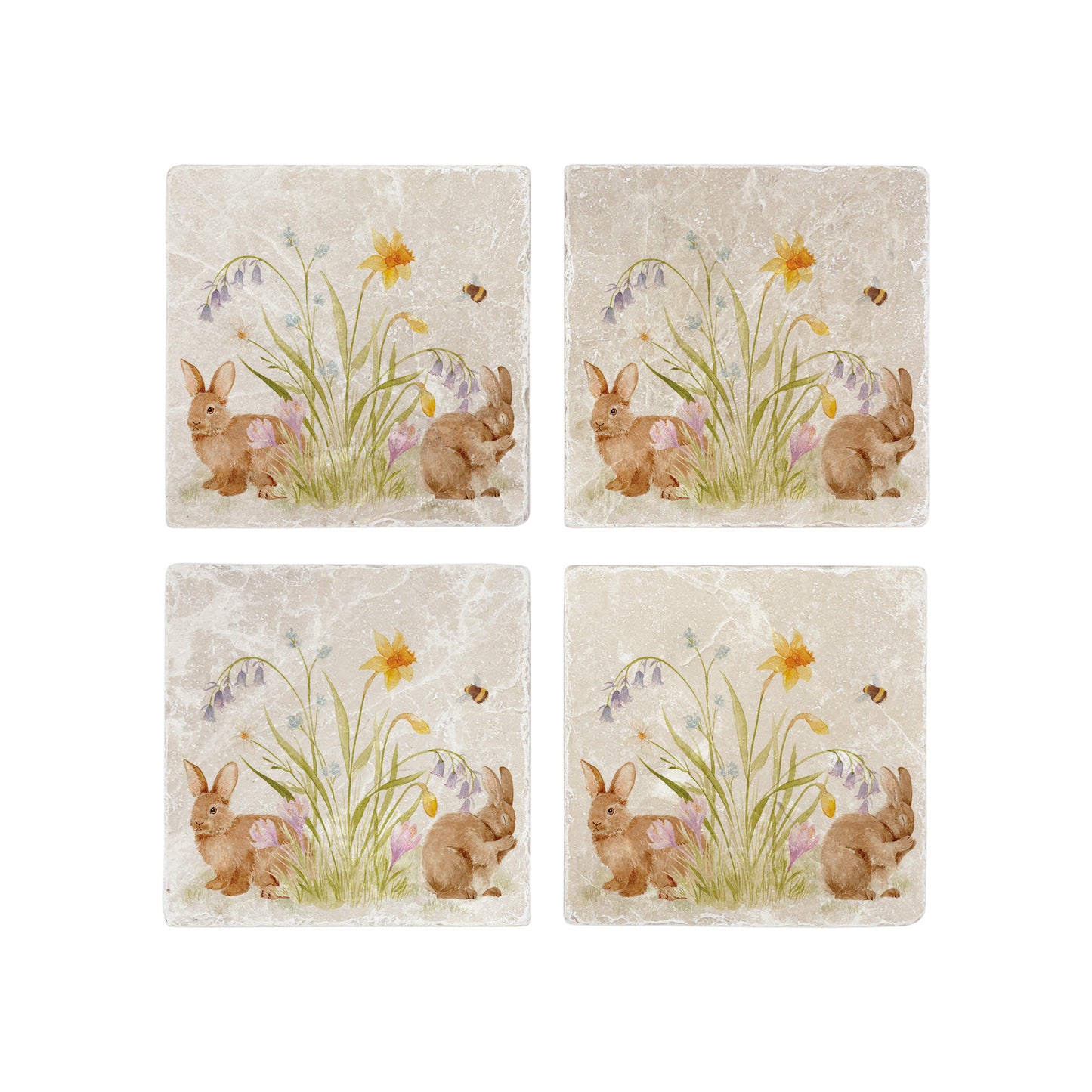 A set of four marble coasters with a watercolour design of spring flowers and cute fluffy bunnies. 