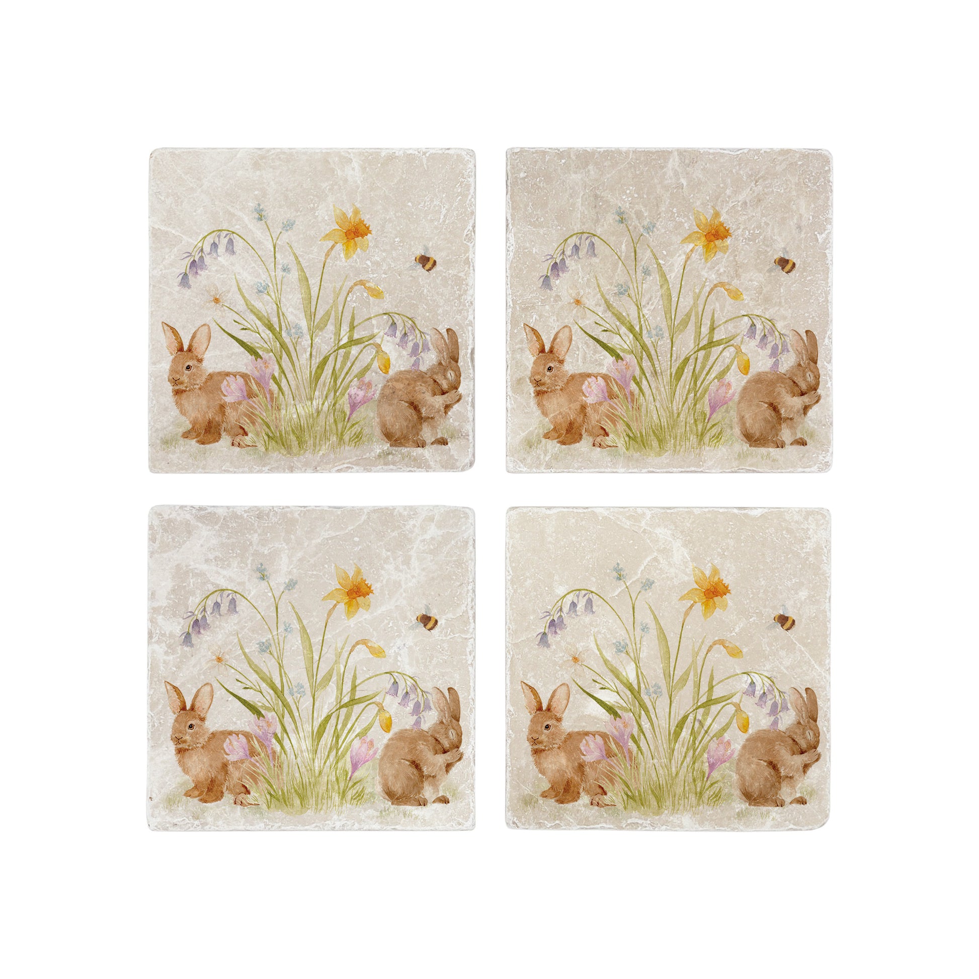 A set of four marble coasters with a watercolour design of spring flowers and cute fluffy bunnies. 