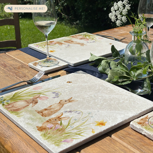 Spring has arrived in the garden, this platter features beautiful bunnies playing in the garden with the most beautiful spring flowers.  