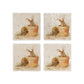 A set of four marble coasters featuring a watercolour design of a bunny in a terracotta flowerpot eating the spring flowers.