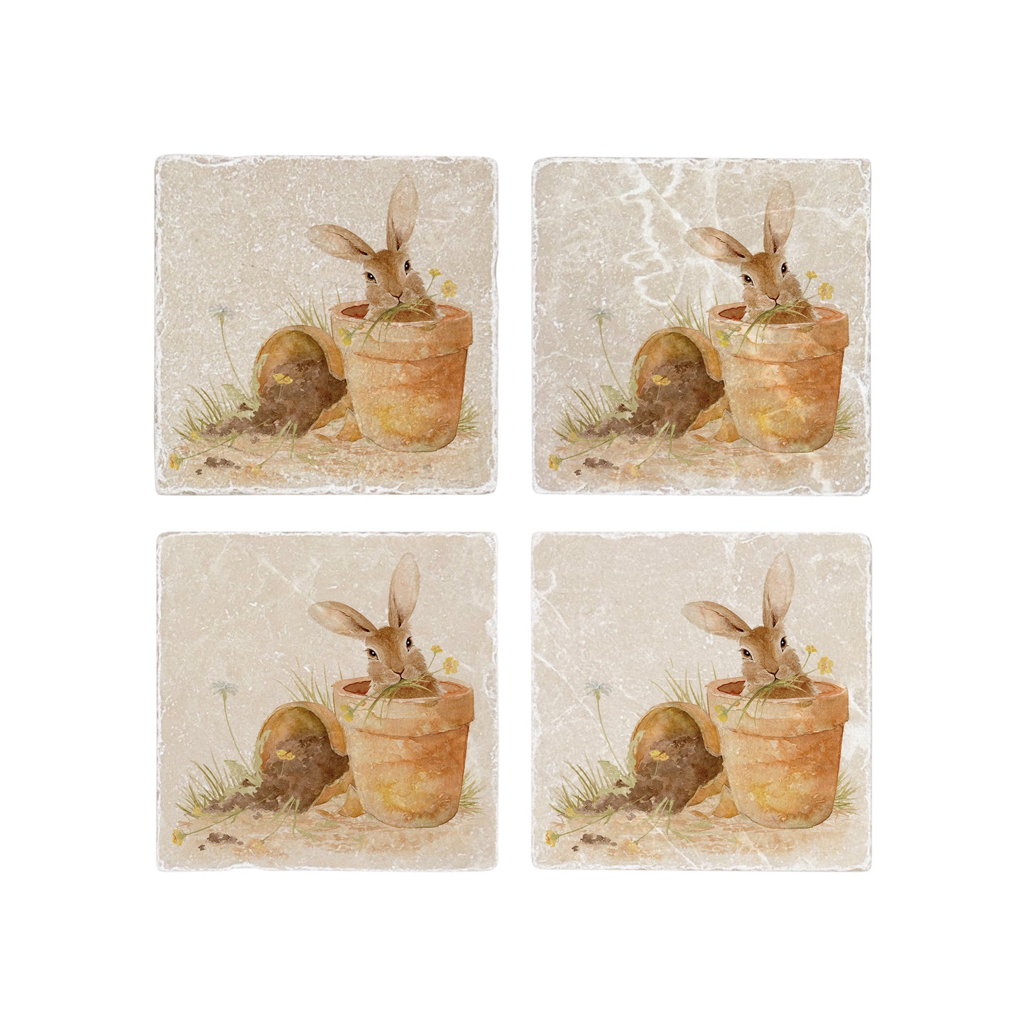 A set of four marble coasters featuring a watercolour design of a bunny in a terracotta flowerpot eating the spring flowers.