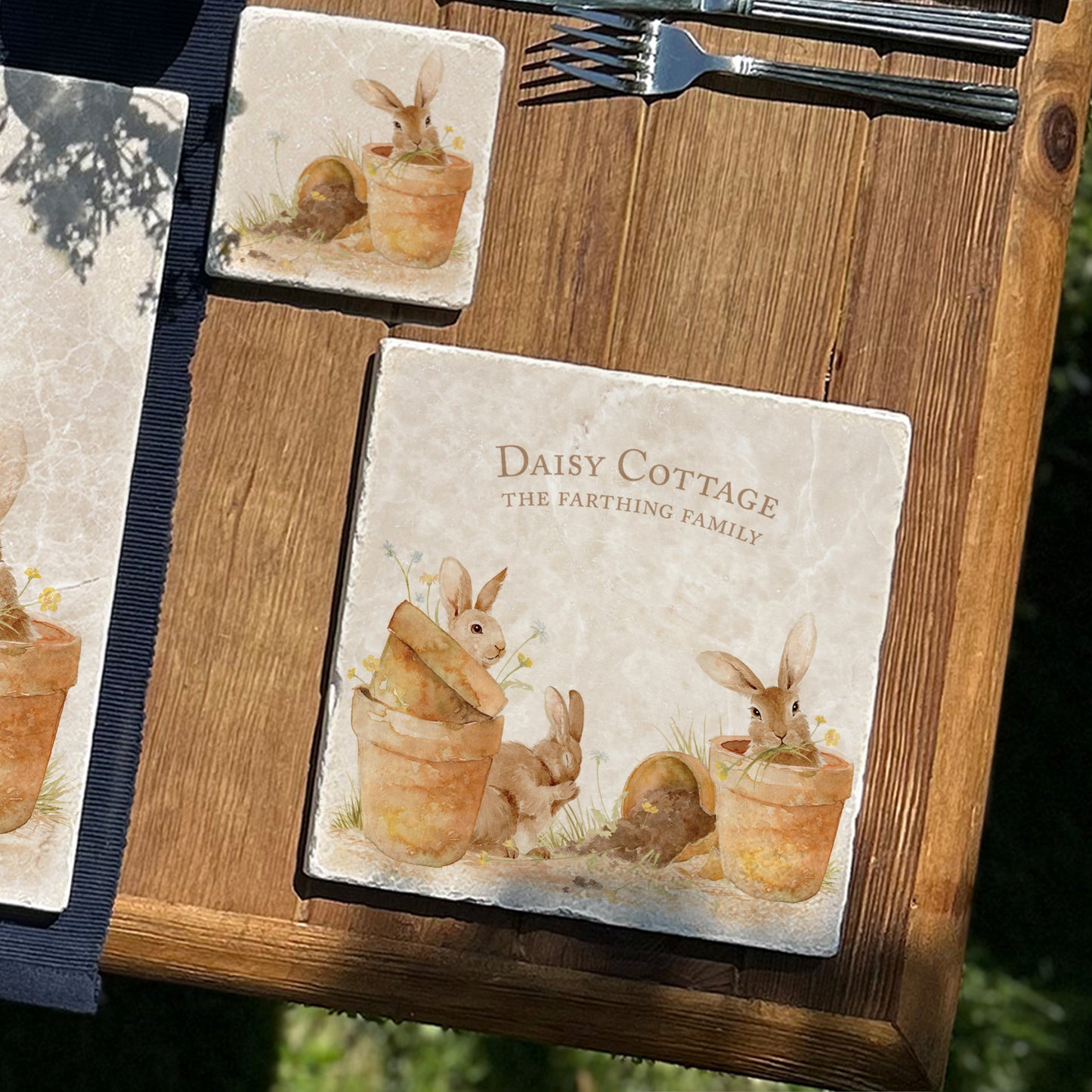 This design features our cheeky bunny rabbits hiding and nibbling away in pots. The perfect gift for the bunny lover- Why not personalise too for an extra special treat. 