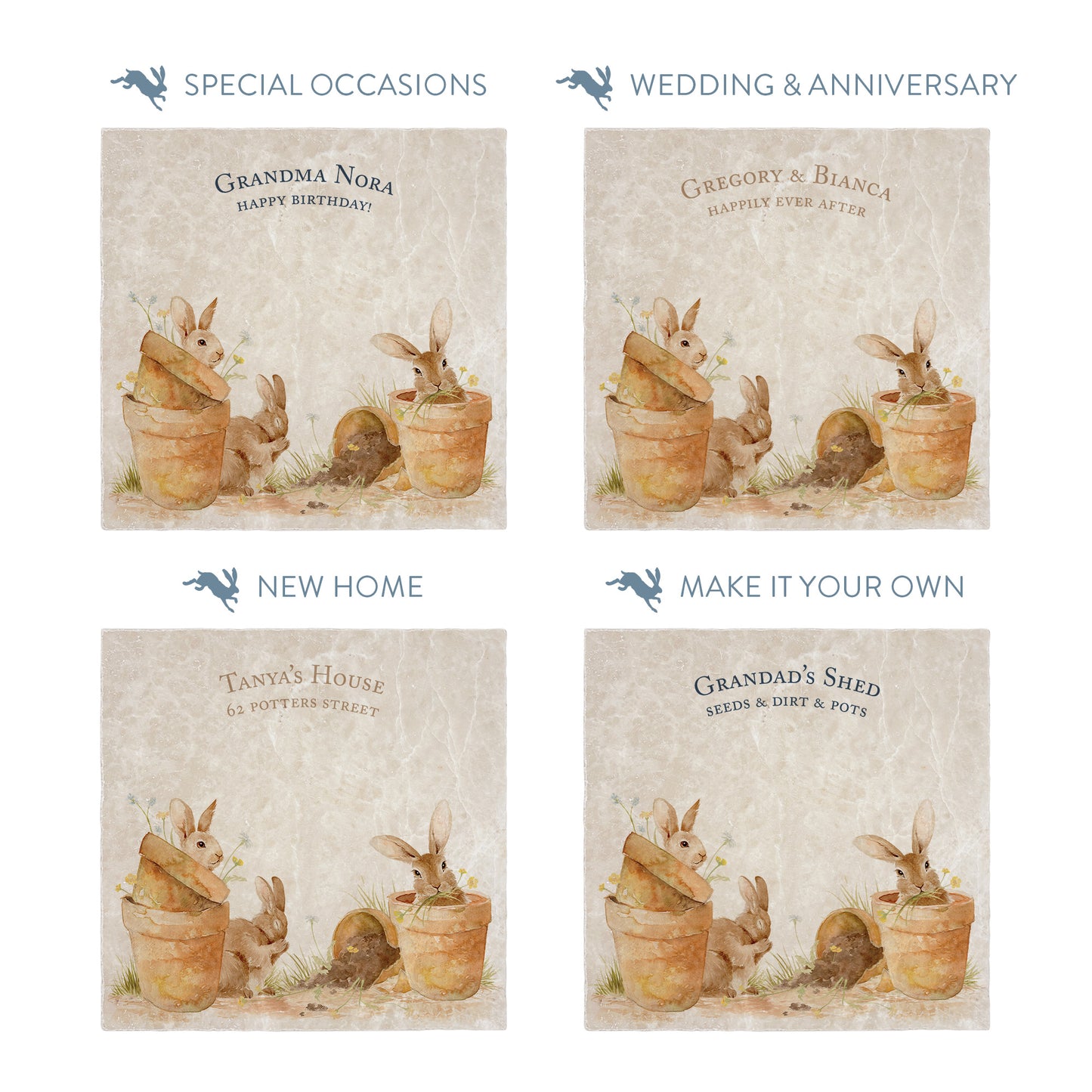 This design features our cheeky bunny rabbits hiding and nibbling away in pots. The perfect gift for the bunny lover. 