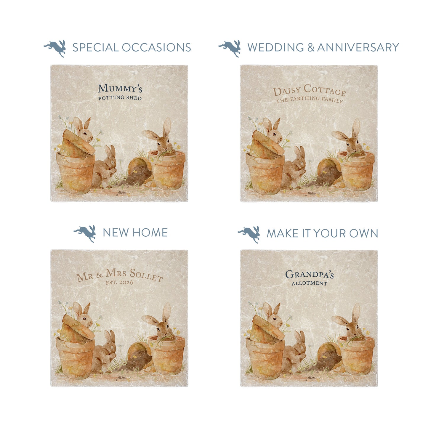 This design features our cheeky bunny rabbits hiding and nibbling away in pots. The perfect gift for the bunny lover. 