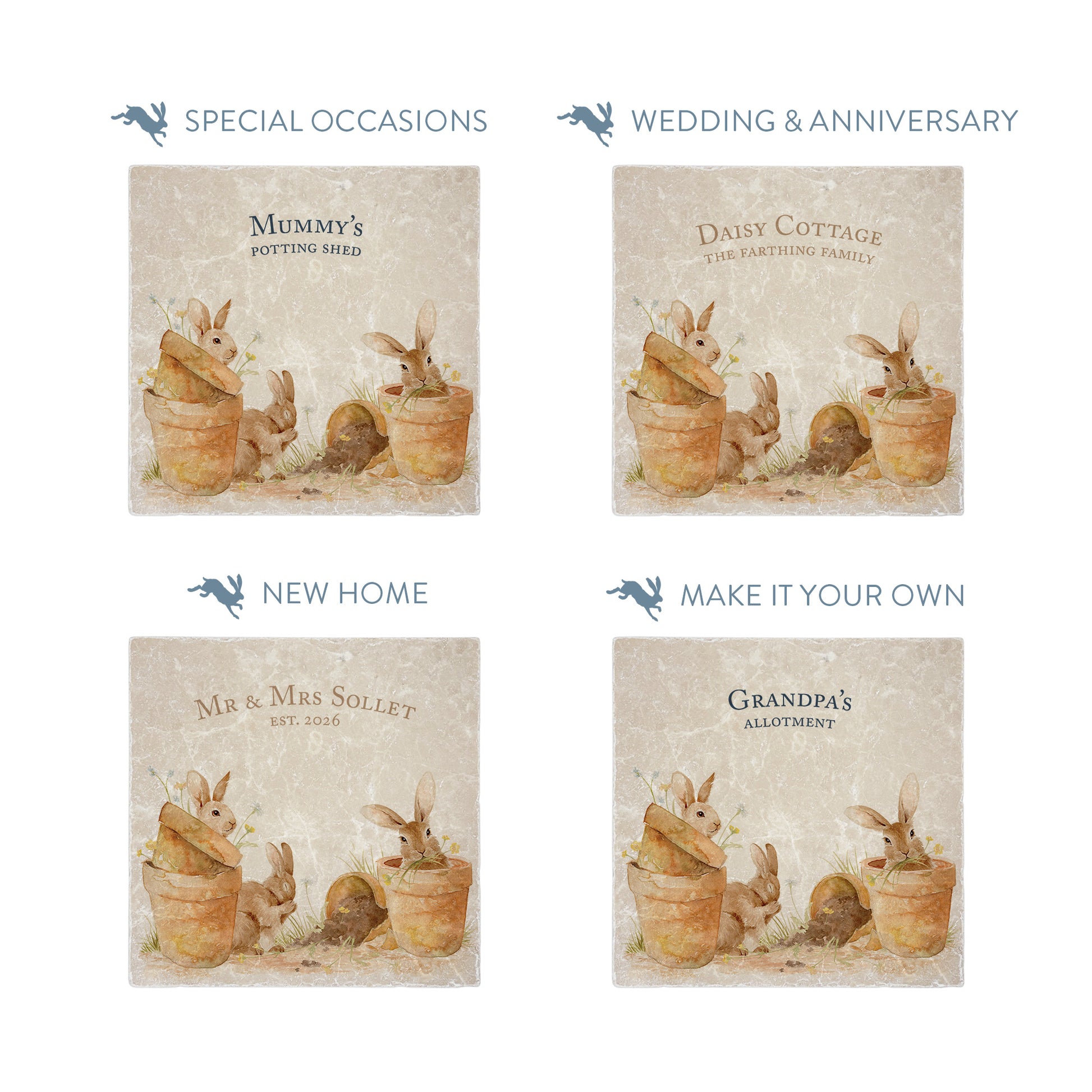 This design features our cheeky bunny rabbits hiding and nibbling away in pots. The perfect gift for the bunny lover. 