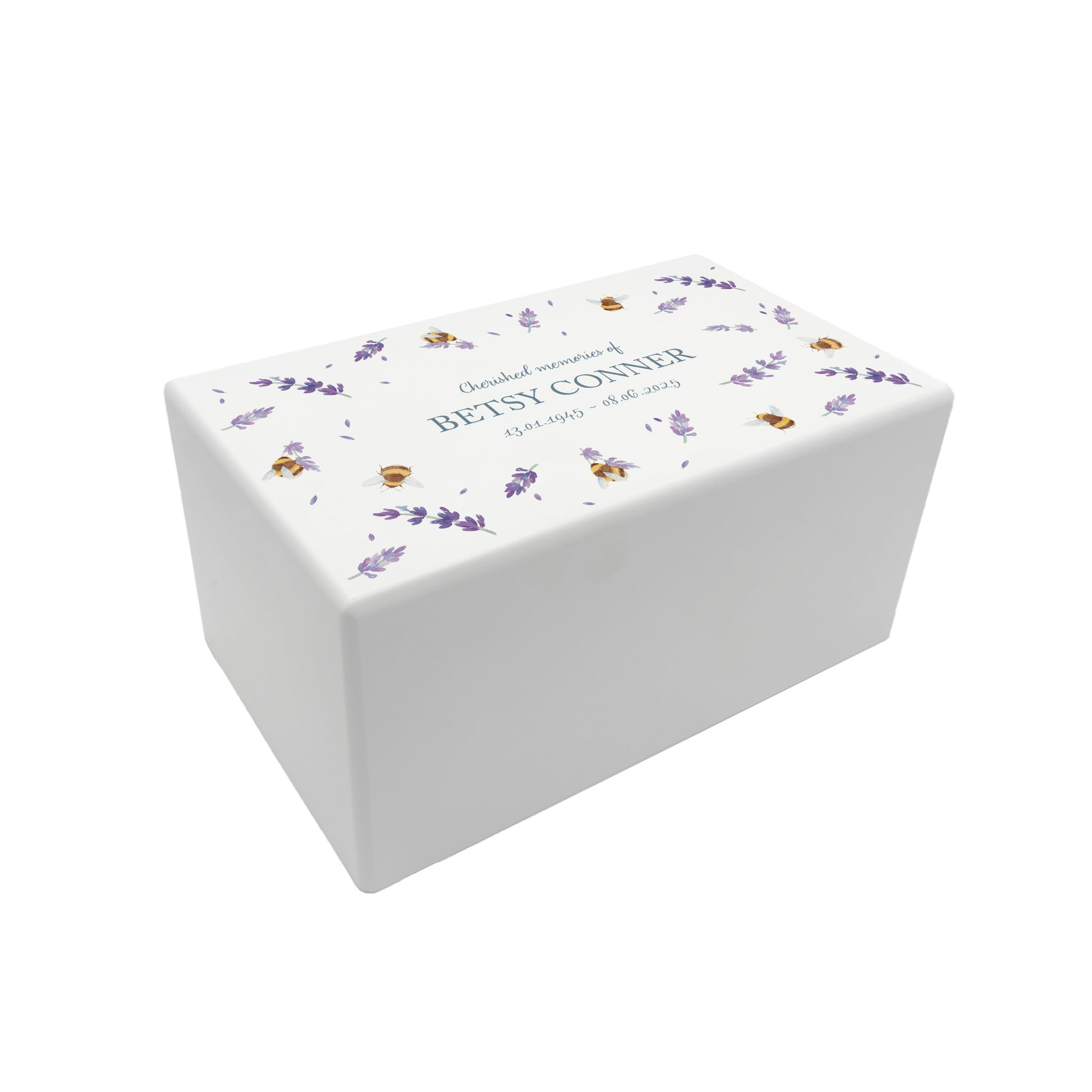 Luxury solid wooden white painted Urn with Busy Bees with lavender. watercolour illustration, our urns and Caskets for displaying or burying ashes. Customisable and can be personalised. Perfect funeral memory keepsake urn, for storing ashes for humans and pets. 