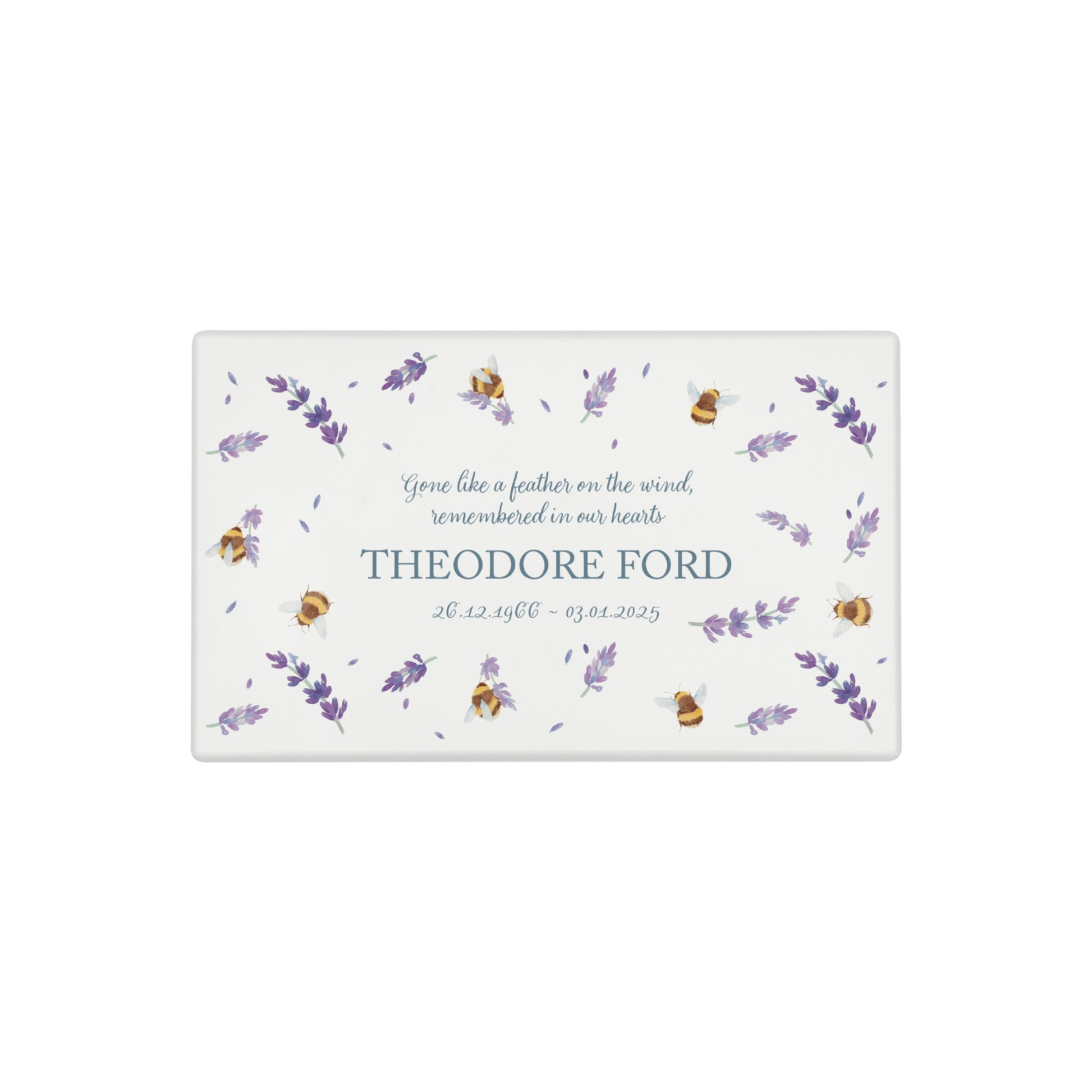 Luxury solid wooden white painted Urn with Busy Bees with lavender. watercolour illustration, our urns and Caskets for displaying or burying ashes. Customisable and can be personalised. Perfect funeral memory keepsake urn, for storing ashes for humans and pets. 