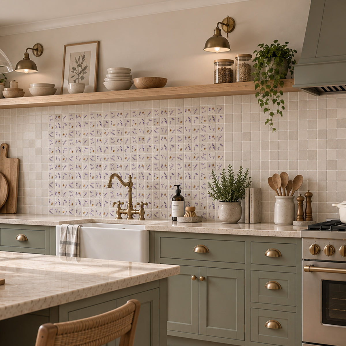 Luxury marble Aga splashback mural featuring an English countryside scene