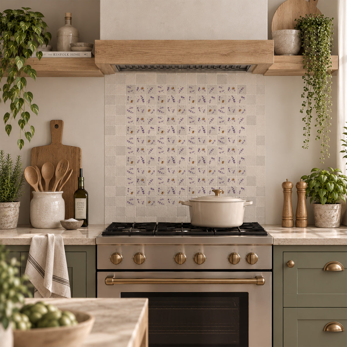 Luxury marble Aga splashback mural featuring an English countryside scene