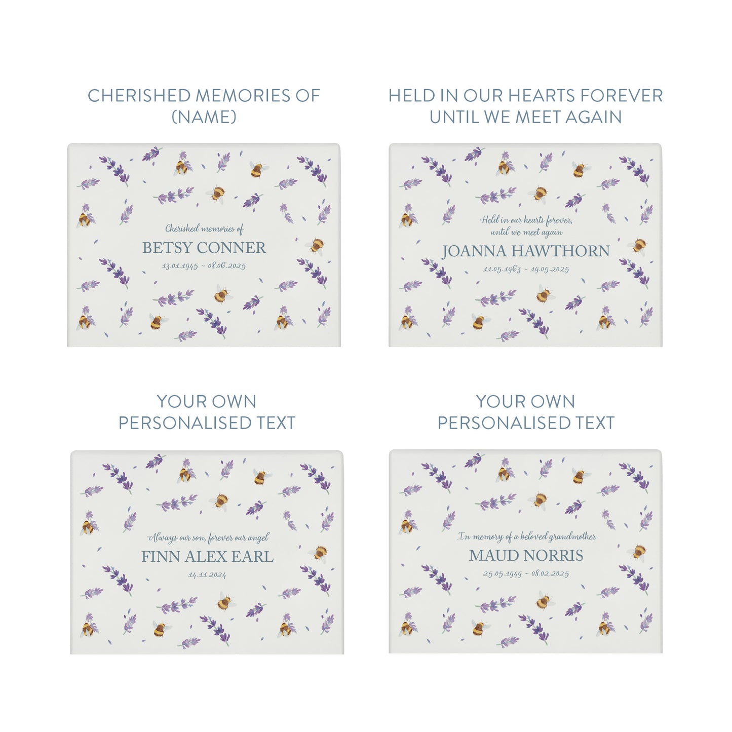 Luxury solid wooden white painted Buzzy Bees and lavender watercolour illustration our urns and Caskets for displaying or burying ashes. Customisable and can be personalised. Perfect funeral memory keepsake urn, for storing ashes for humans and pets.