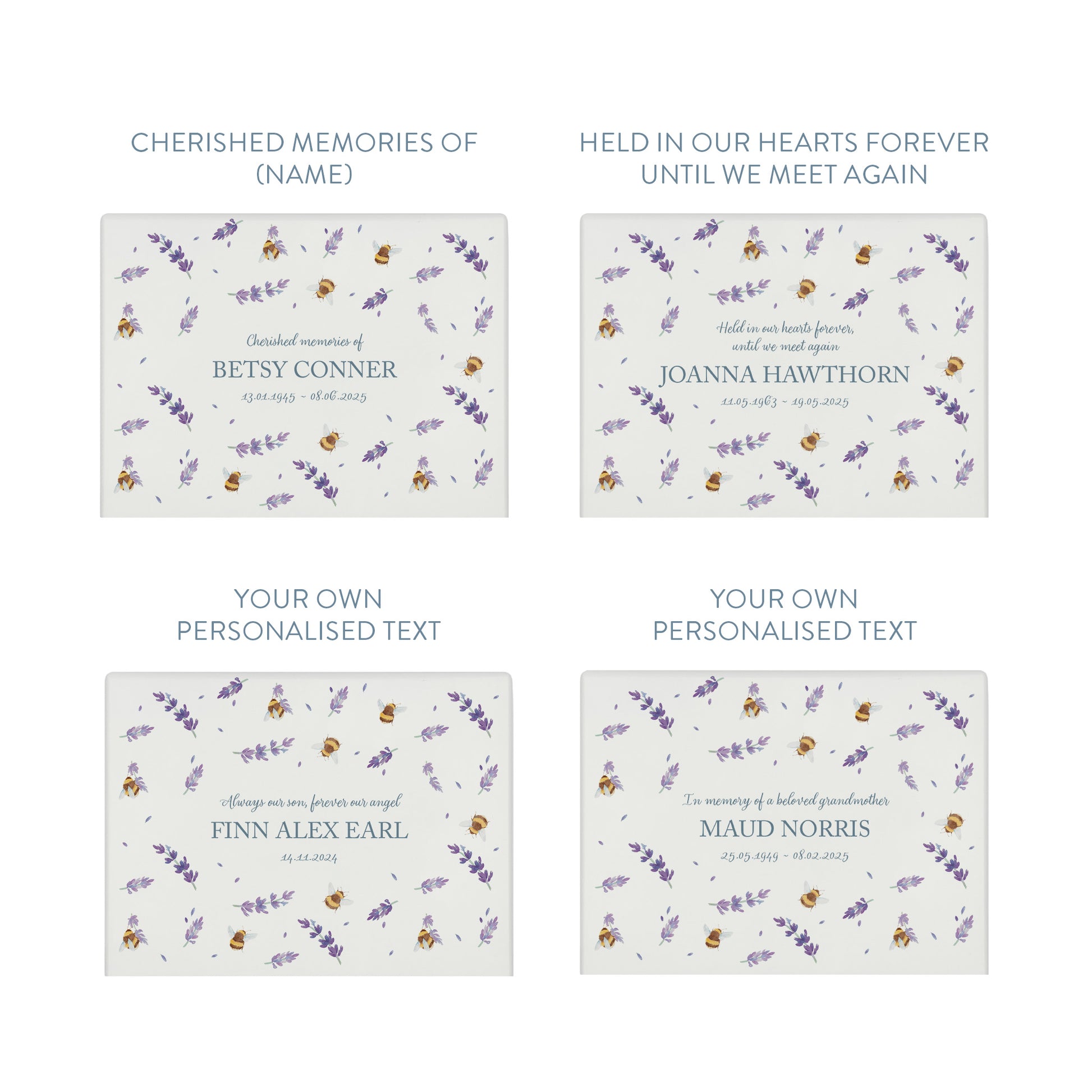 Luxury solid wooden white painted Buzzy Bees and lavender watercolour illustration our urns and Caskets for displaying or burying ashes. Customisable and can be personalised. Perfect funeral memory keepsake urn, for storing ashes for humans and pets.