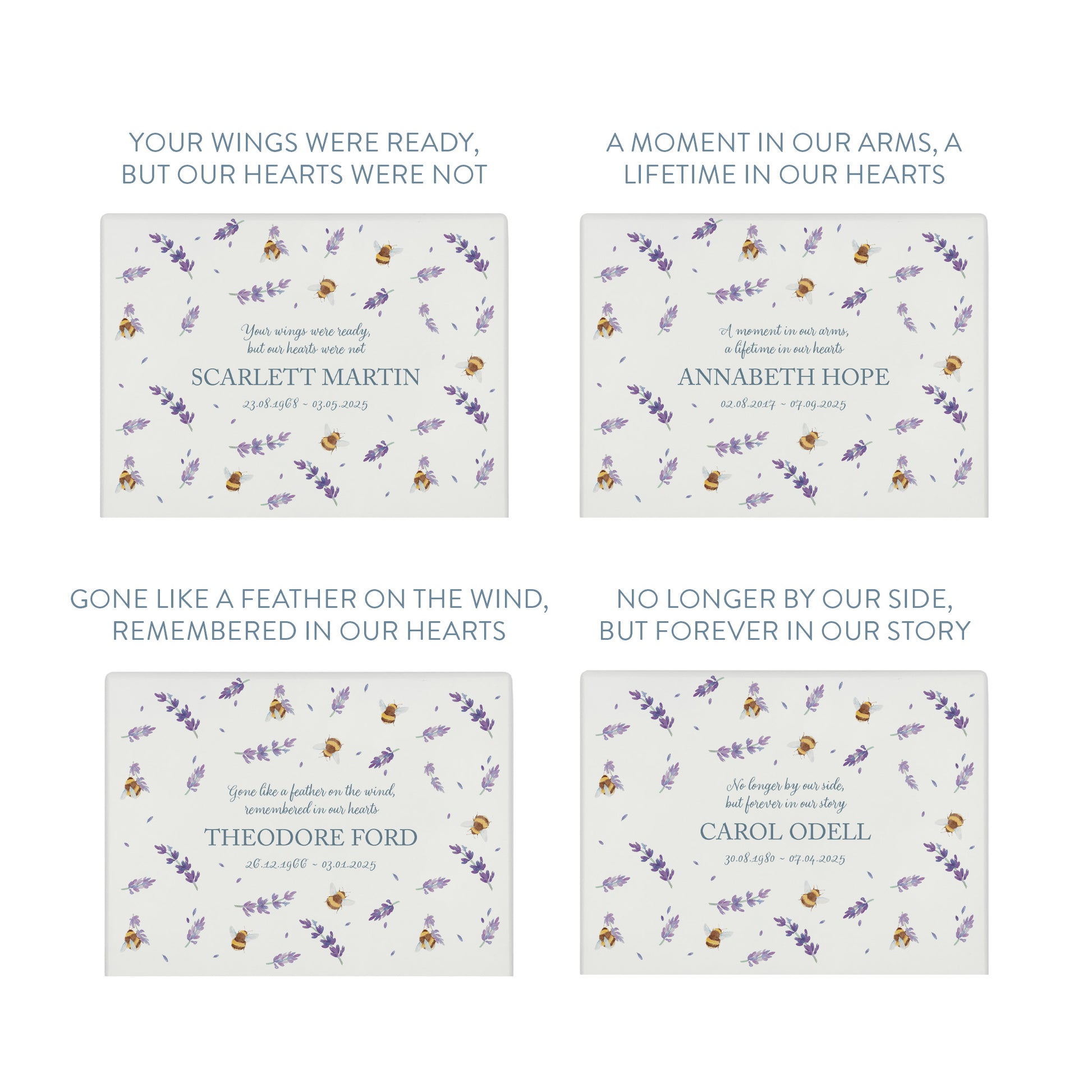 Luxury solid wooden white painted Buzzy Bees and lavender watercolour illustration our urns and Caskets for displaying or burying ashes. Customisable and can be personalised. Perfect funeral memory keepsake urn, for storing ashes for humans and pets.