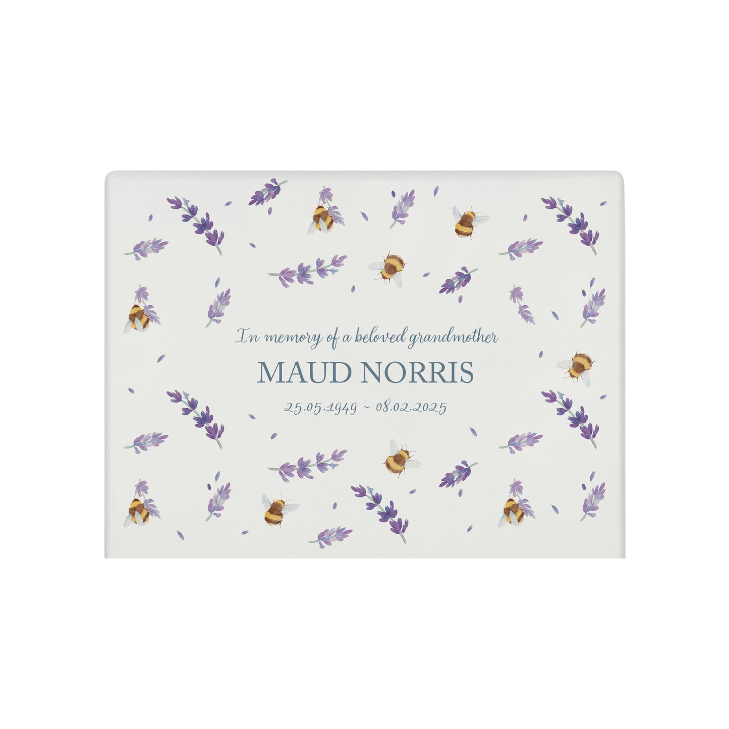 Luxury solid wooden white painted Buzzy Bees and lavender watercolour illustration our urns and Caskets for displaying or burying ashes. Customisable and can be personalised. Perfect funeral memory keepsake urn, for storing ashes for humans and pets.