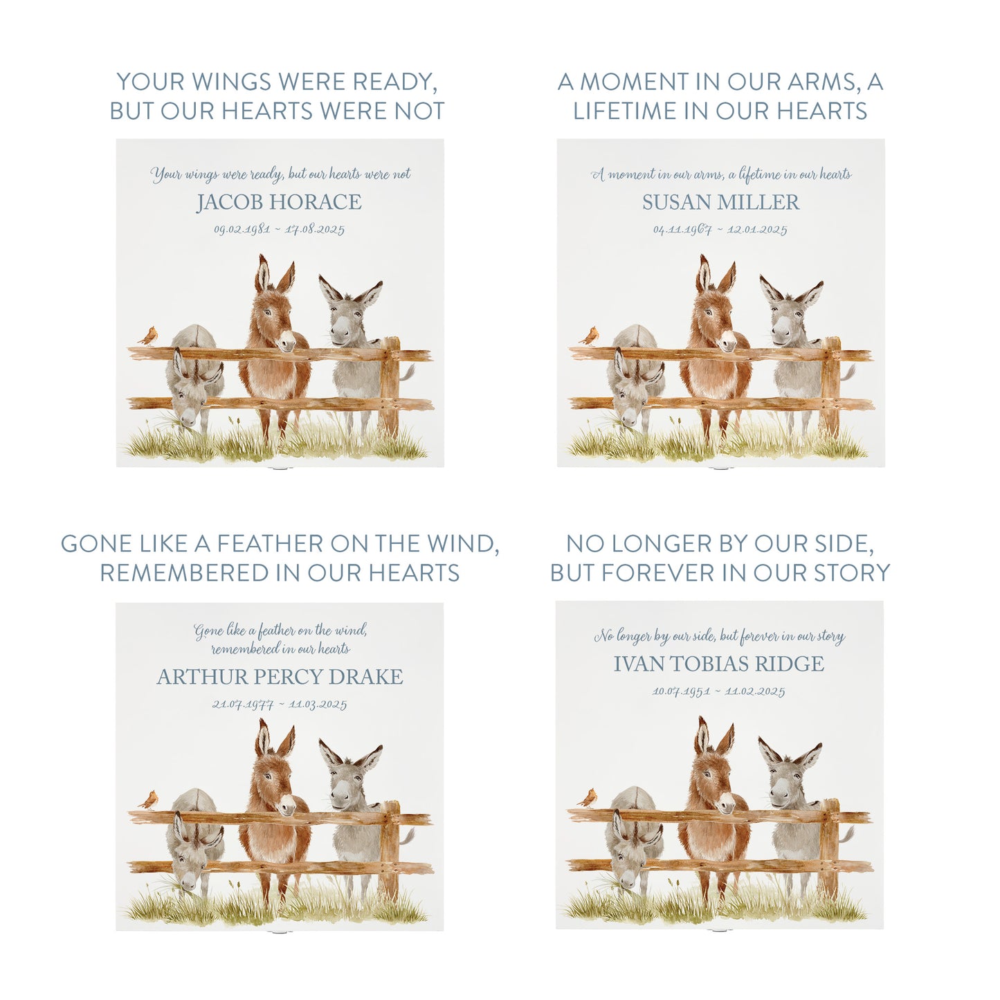 White Square personalised Wooden box with a decorative lid featuring illustrations of Donkeys and a little Robin lined up along a fence line. Perfect funeral memory keepsake box, for storing ashes, order of service, flowers and capturing your loved ones things in one place