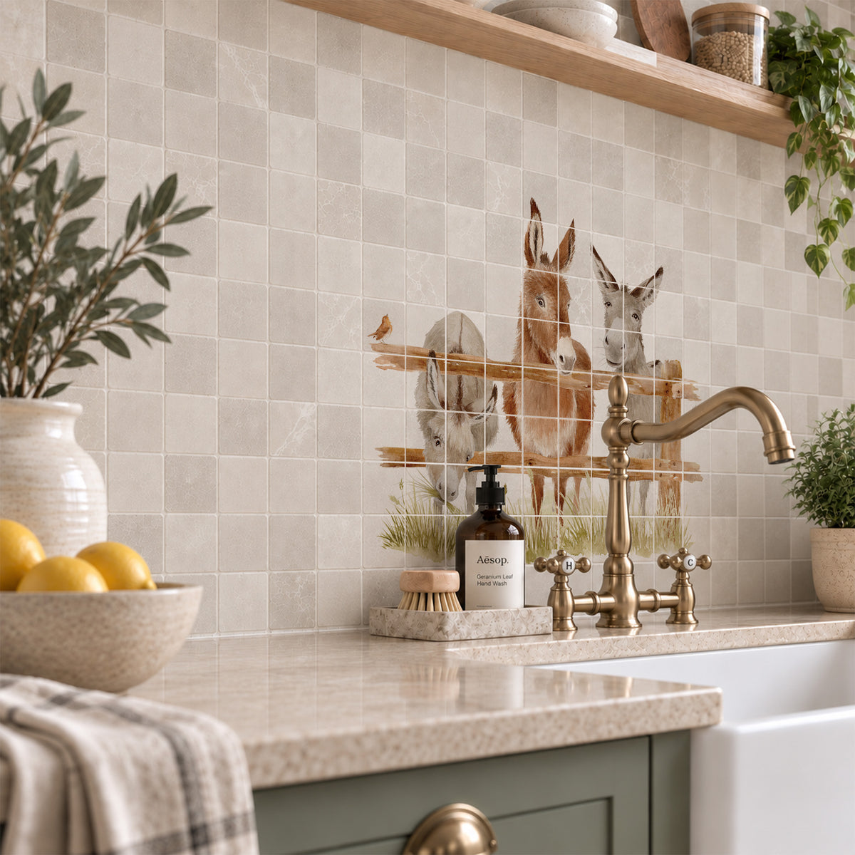 Decorative Donkey marble statement Watercolour mural inspired by the Great British countryside