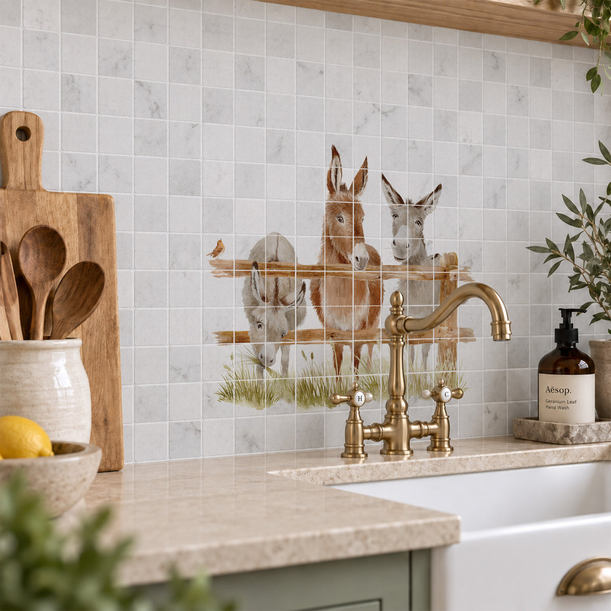 Decorative Donkey marble statement Watercolour mural inspired by the Great British countryside