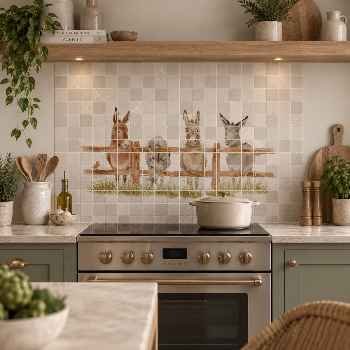 A rustic kitchen backsplash featuring square beige and grey tiles with a central graphic of three donkeys in a wooden fence over green grass. The backsplash is installed above a stainless steel gas stove, flanked by sage green cabinets, marble countertops, and floating wooden shelves with plants and decorative items.