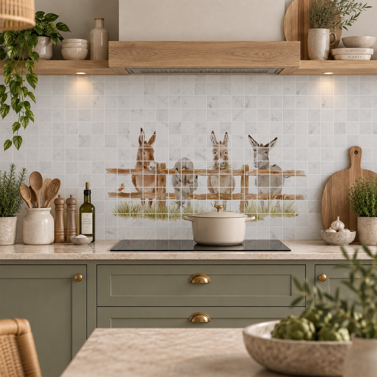 A kitchen backsplash made of light gray marble tiles with a decorative graphic of three cartoon donkeys in a wooden fence. The kitchen features sage green cabinets, a light wood range hood, and various cooking utensils and plants.