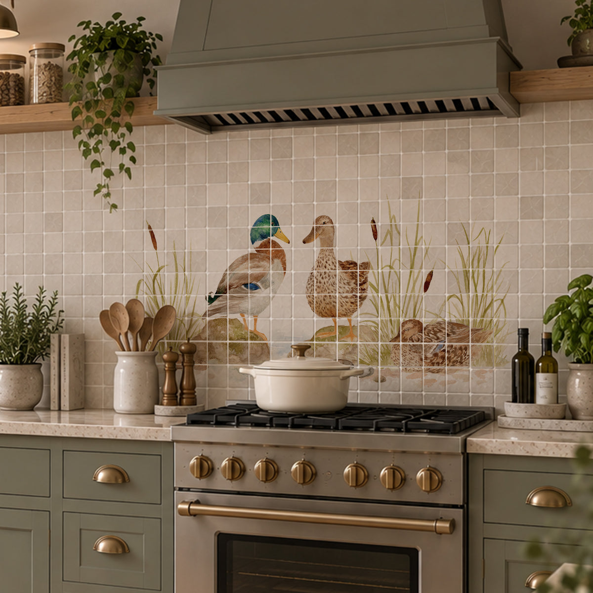 Luxury marble kitchen marble mural featuring a picturesque British countryside landscape, featuring Mallards