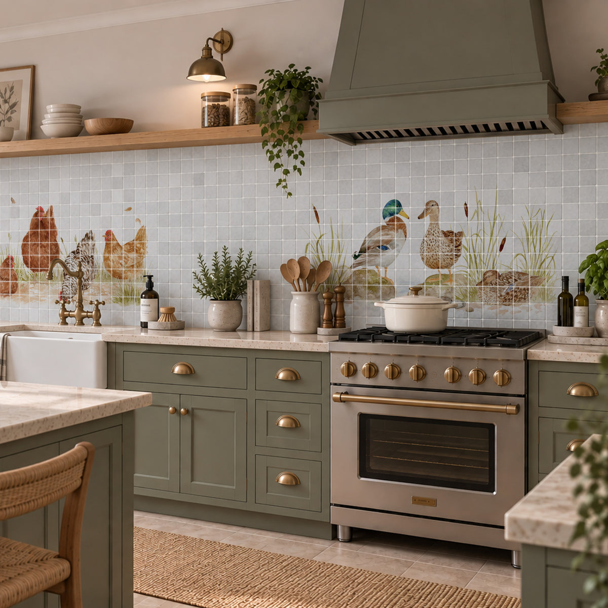 Luxury marble kitchen marble mural featuring a picturesque British countryside landscape, featuring Mallards