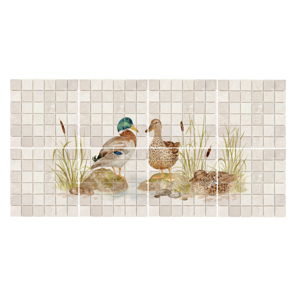 Luxury marble kitchen marble mural featuring a picturesque British countryside landscape, featuring Mallards