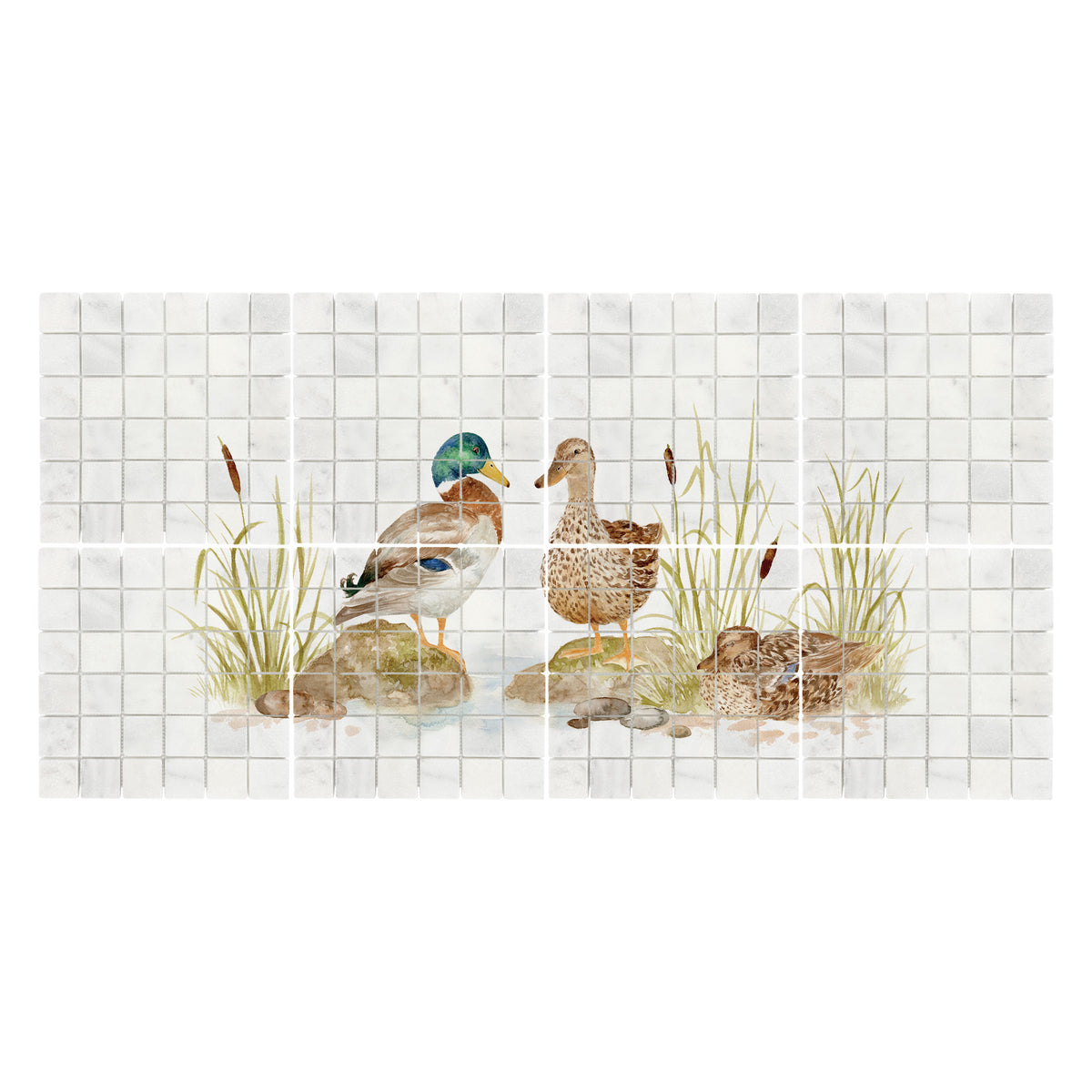 Luxury marble kitchen marble mural featuring a picturesque British countryside landscape, featuring Mallards