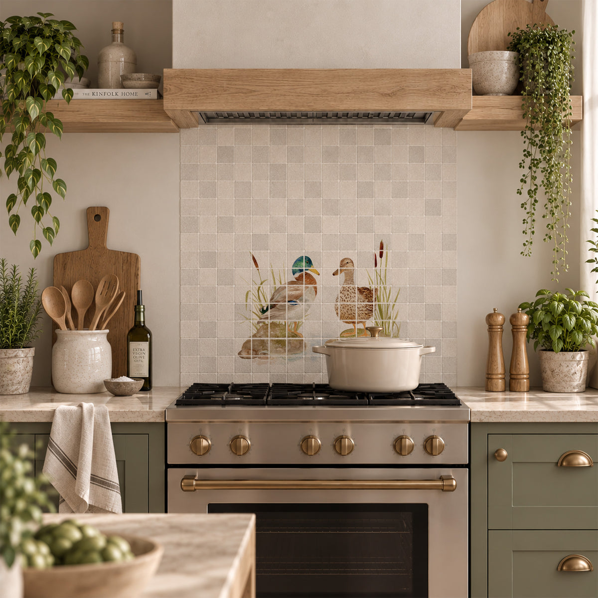 Luxury marble kitchen mural featuring a picturesque British countryside landscape, featuring Mallards
