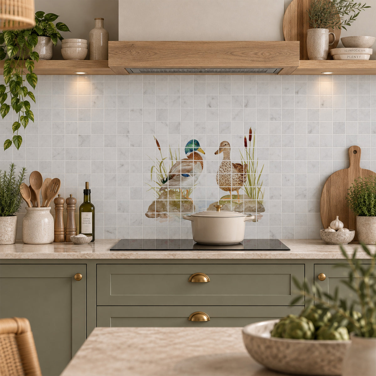 Luxury marble kitchen marble mural featuring a picturesque British countryside landscape, featuring Mallards