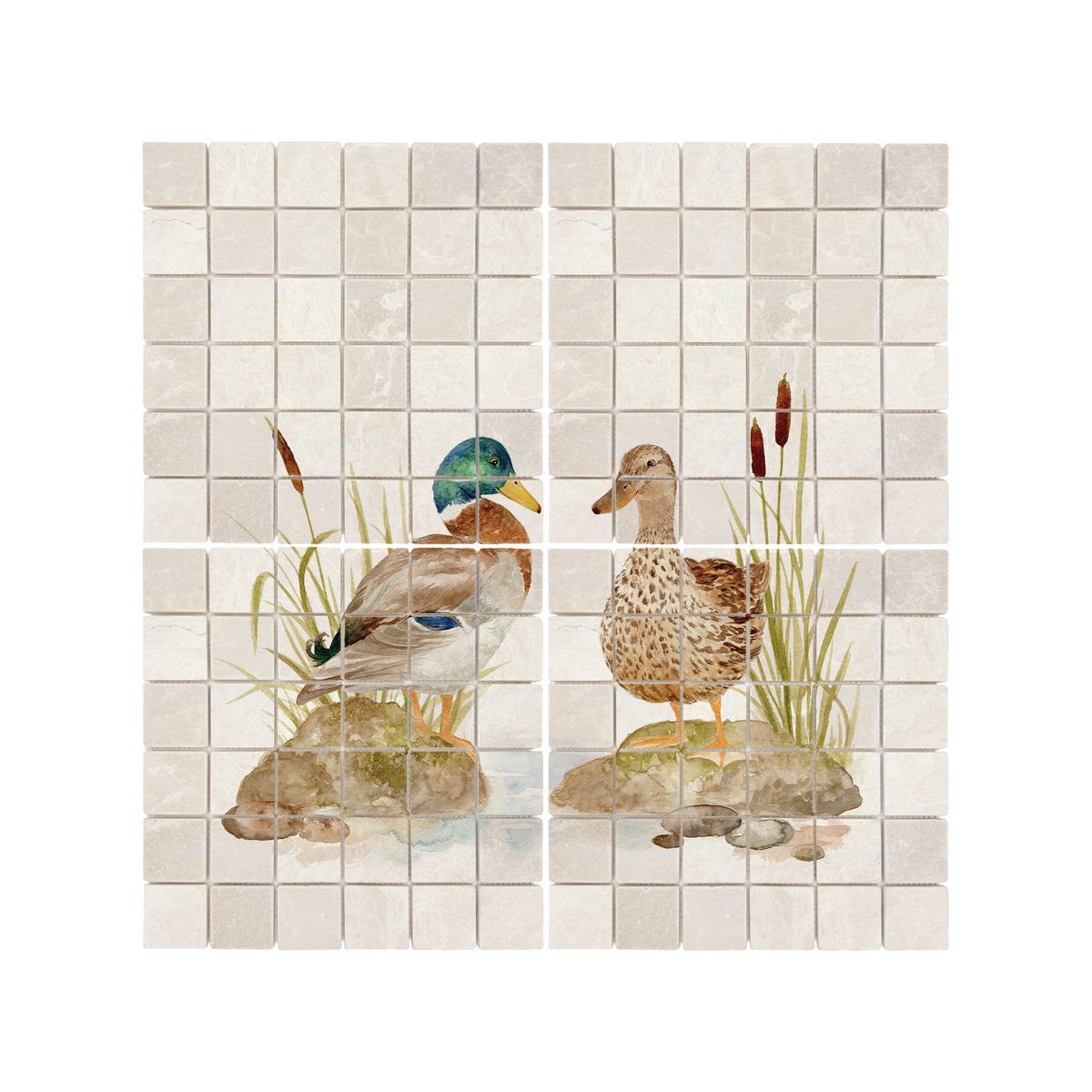 Luxury marble kitchen marble mural featuring a picturesque British countryside landscape, featuring Mallards
