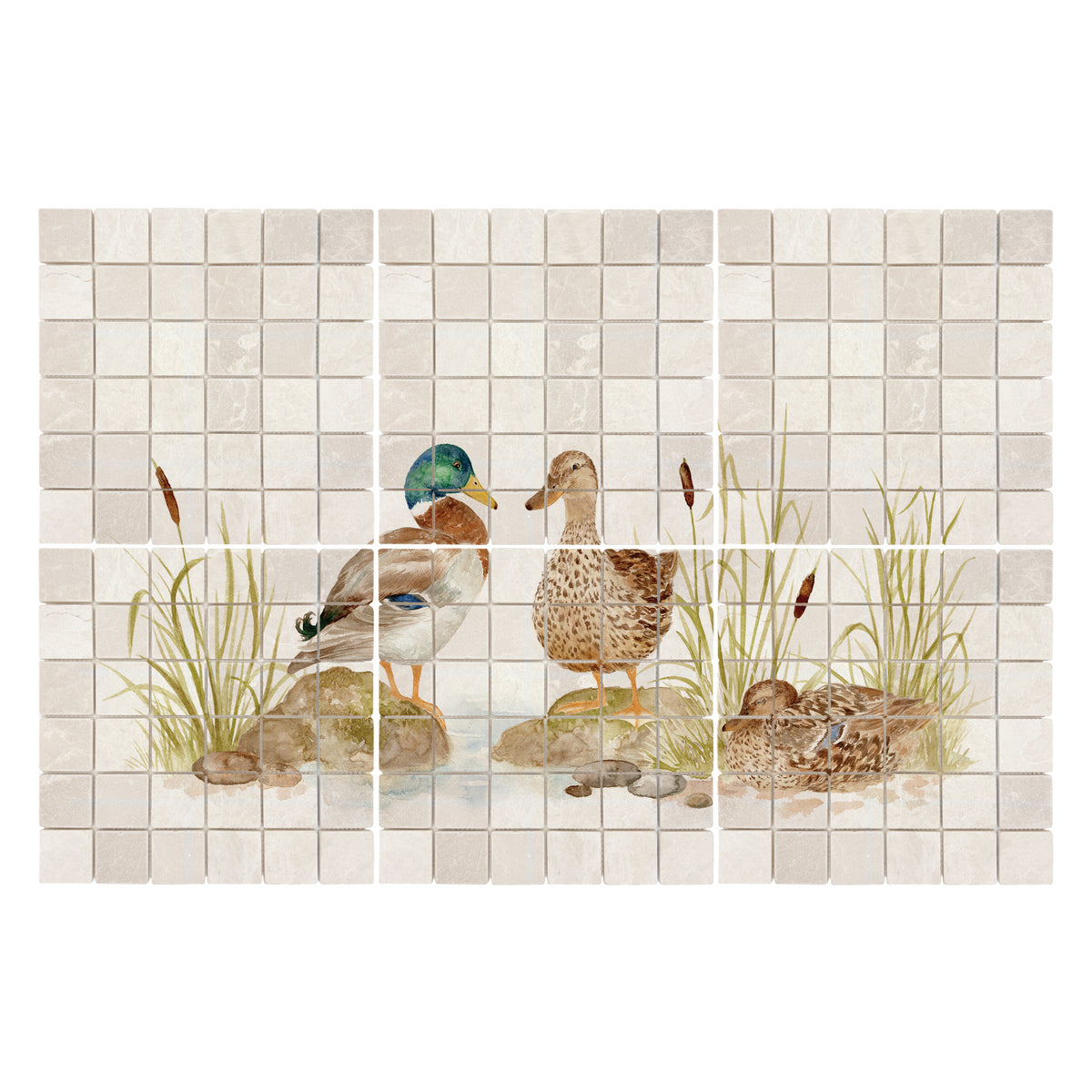 Luxury marble kitchen marble mural featuring a picturesque British countryside landscape, featuring Mallards