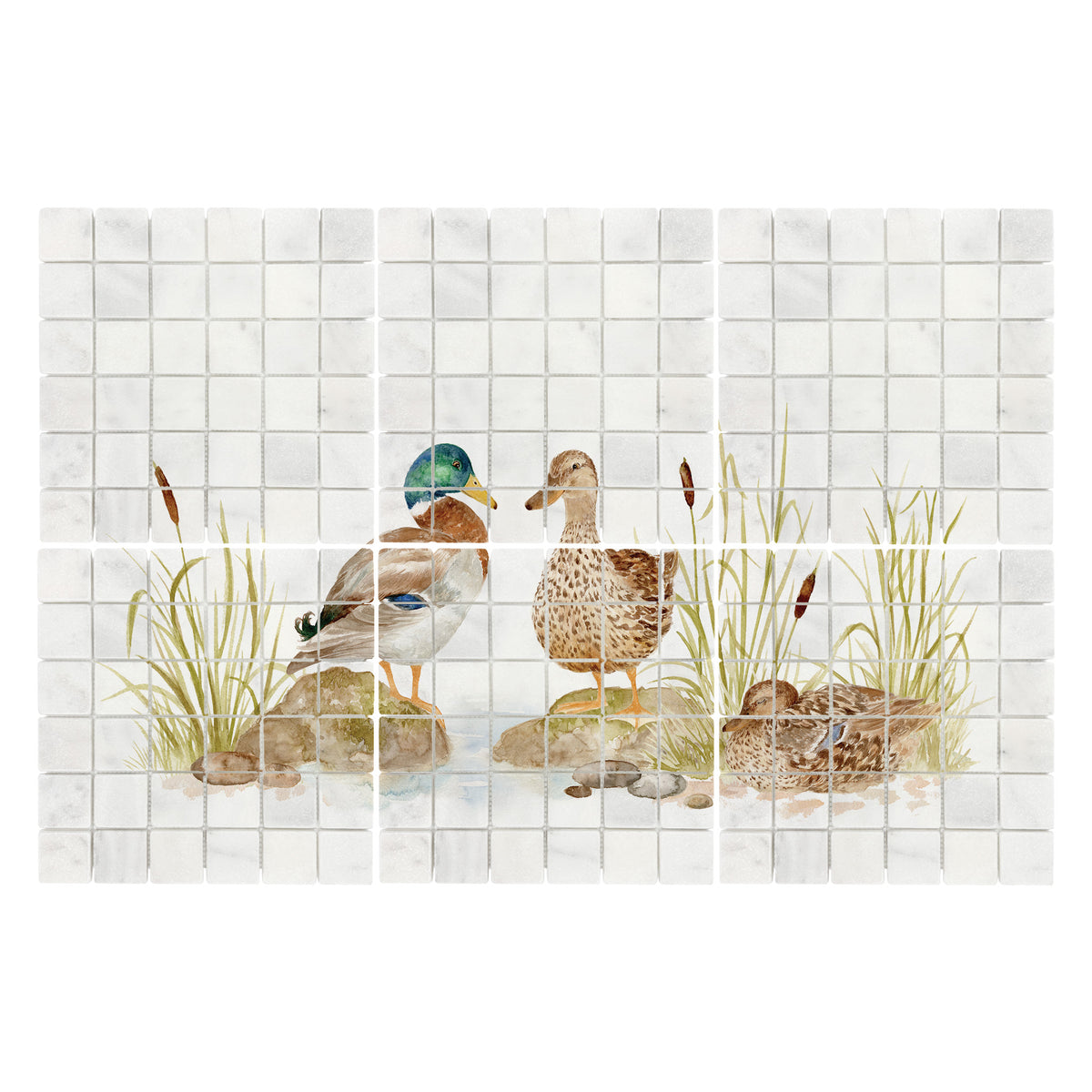Luxury marble kitchen marble mural featuring a picturesque British countryside landscape, featuring Mallards