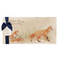 A personalised rectangular marble sharing platter featuring a fox design, packaged with a luxurious dark blue bow and branded gift tag.