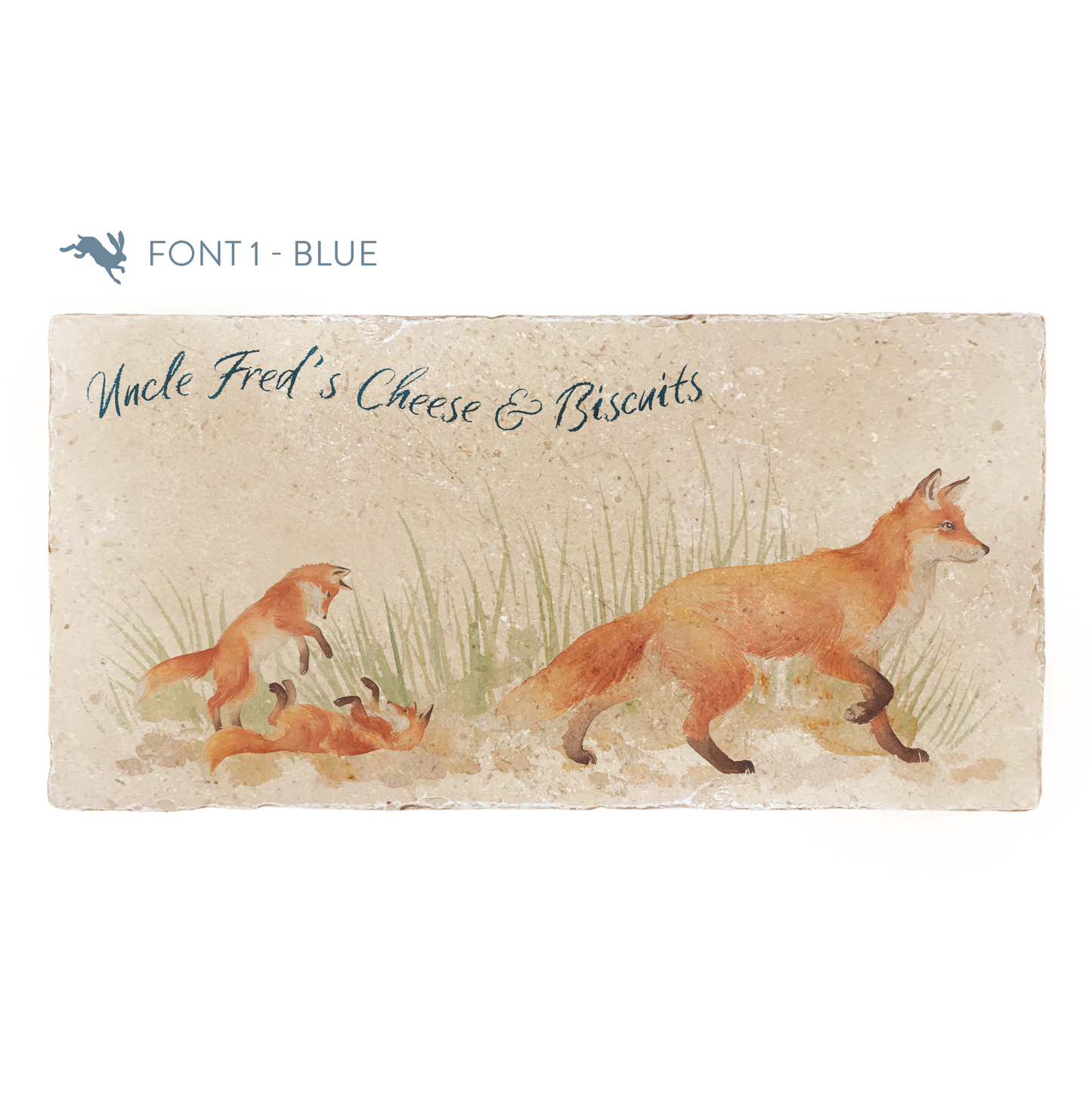 A personalised rectangular marble sharing platter featuring a fox design. The example personalised dark blue text reads Uncle Fred's Cheese & Biscuits in a brush script font.