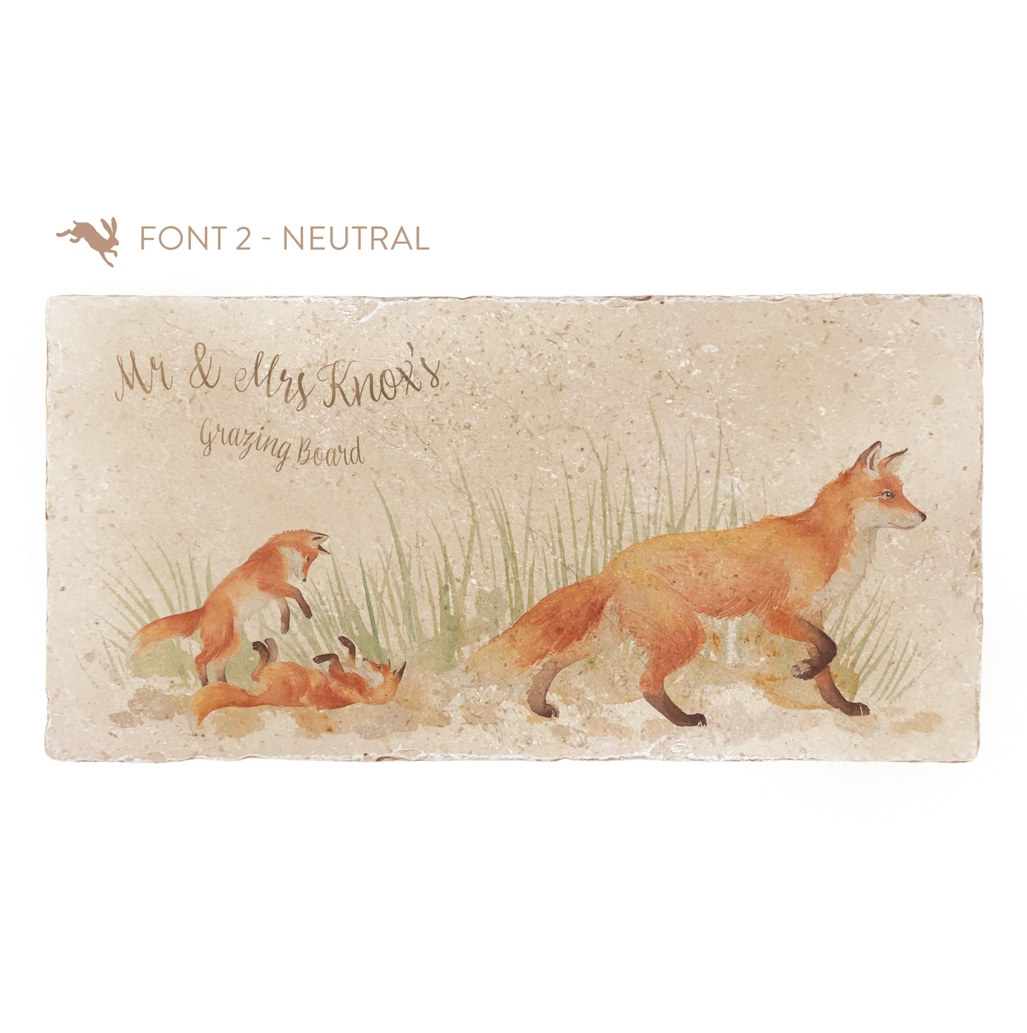 A personalised rectangular marble sharing platter featuring a fox design. The example personalised neutral colour text reads 'Mr & Mrs Knox's Grazing Board'' in an elegant script font.