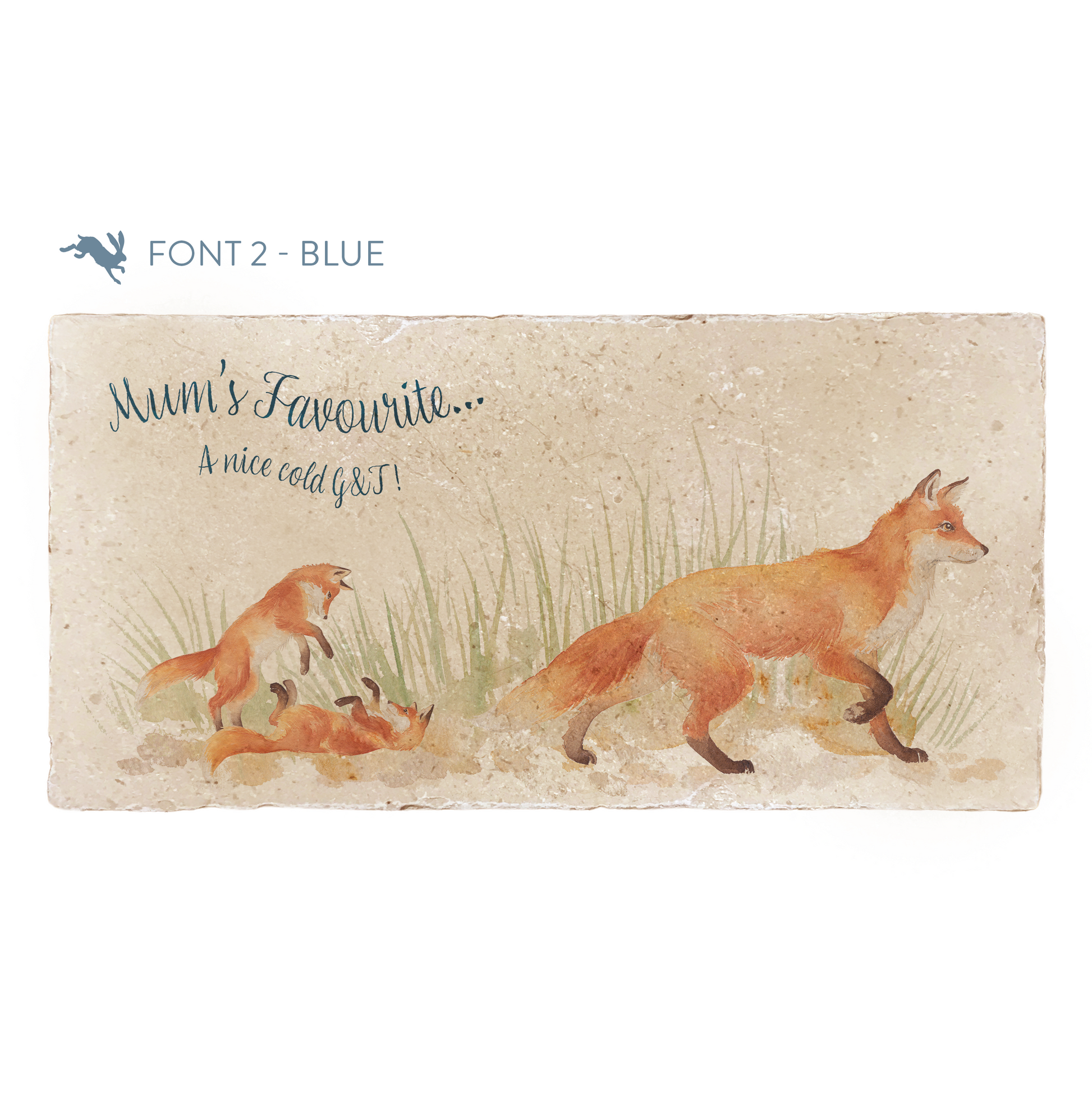 A personalised rectangular marble sharing platter featuring a fox design. The example personalised dark blue text reads 'Mum's Favourite... A nice cold G&T!' in an elegant script font.
