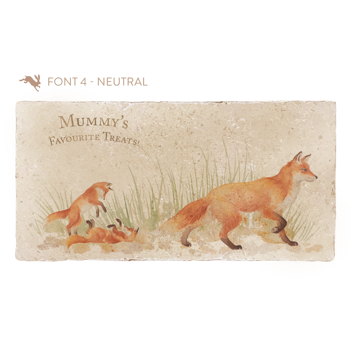 A personalised rectangular marble sharing platter featuring a fox design. The example personalised neutral colour text reads 'Mummy's Favourite Treats!' in a classic serif font.