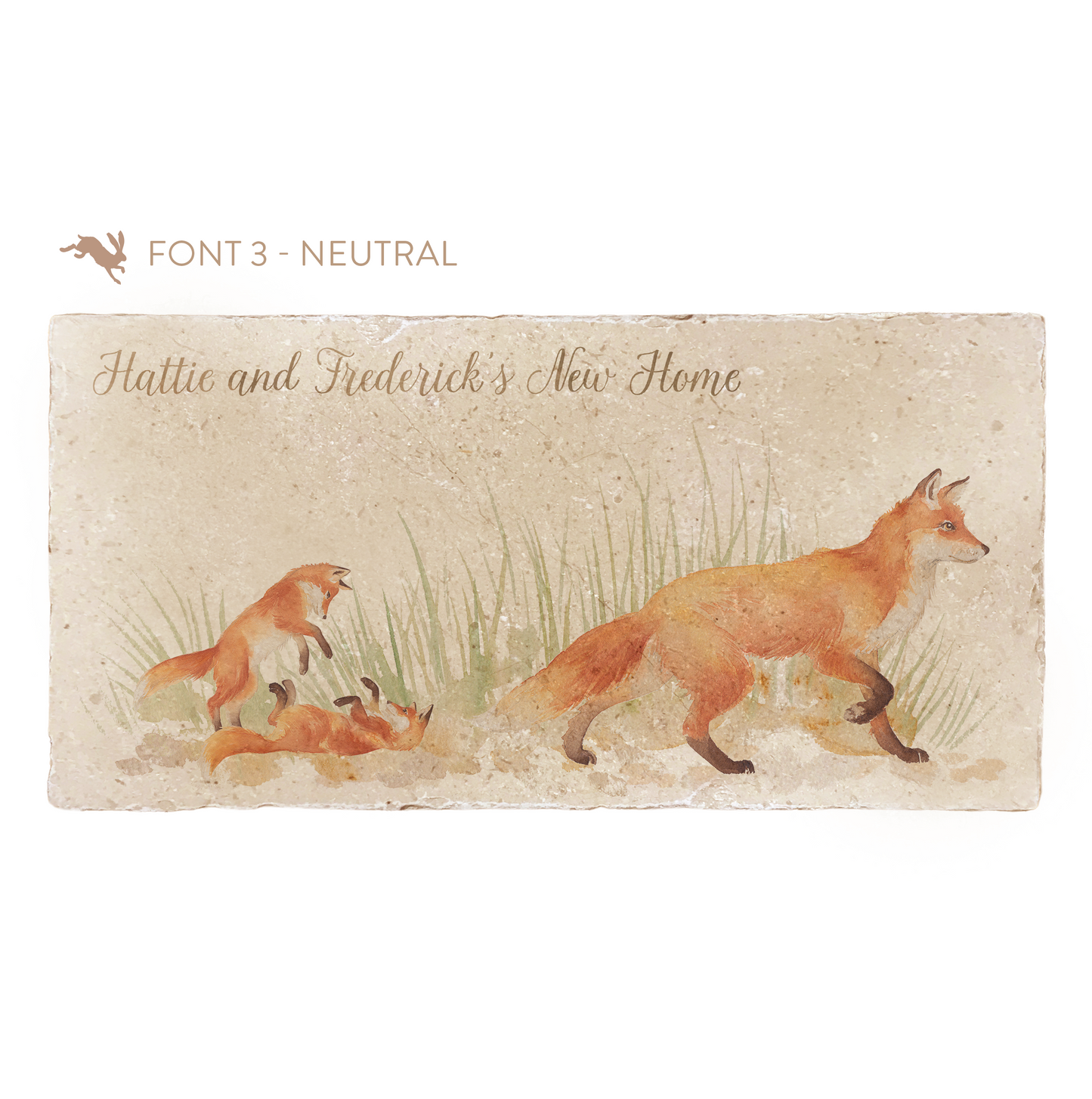 A personalised rectangular marble sharing platter featuring a fox design. The example personalised neutral colour text reads 'Hattie and Frederick's New Home' in a modern script font.