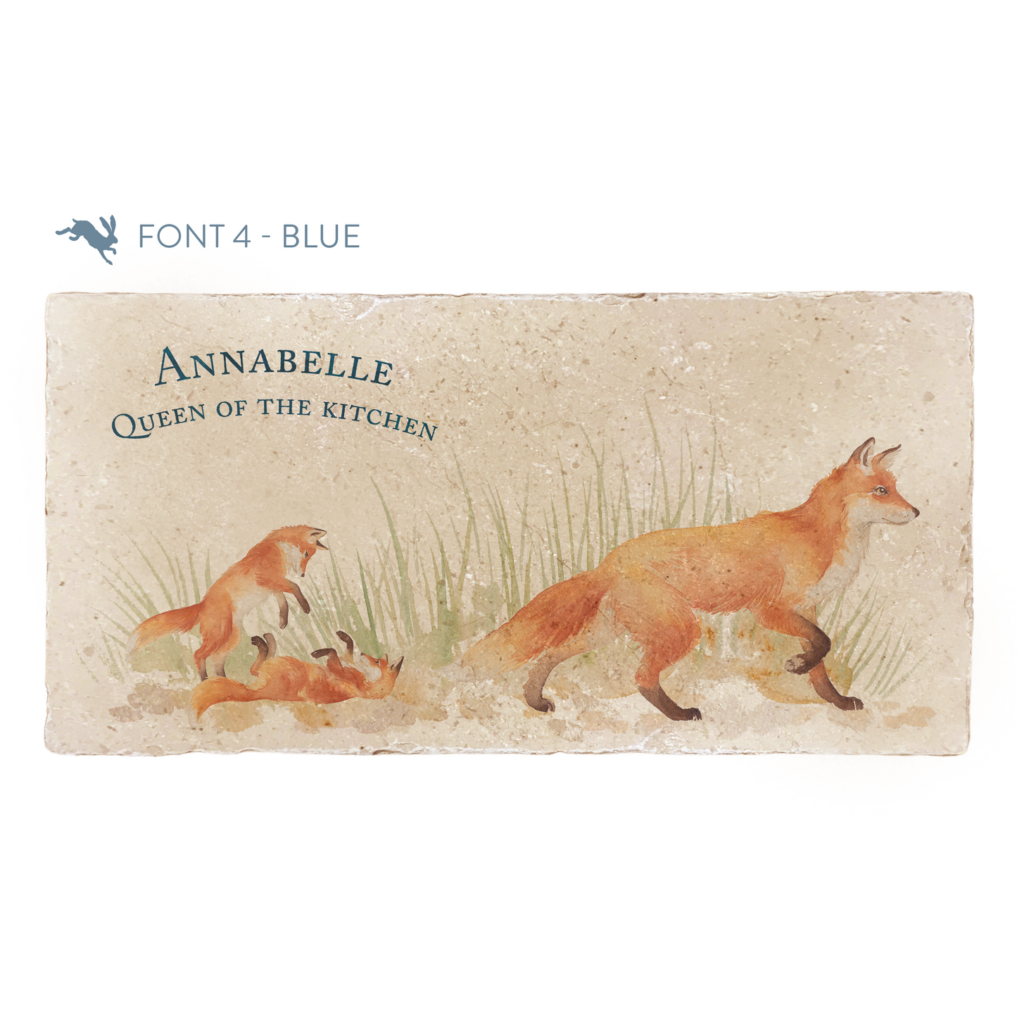 A personalised rectangular marble sharing platter featuring a fox design. The example personalised dark blue text reads 'Annabelle Queen of the Kitchen' in a classic serif font.