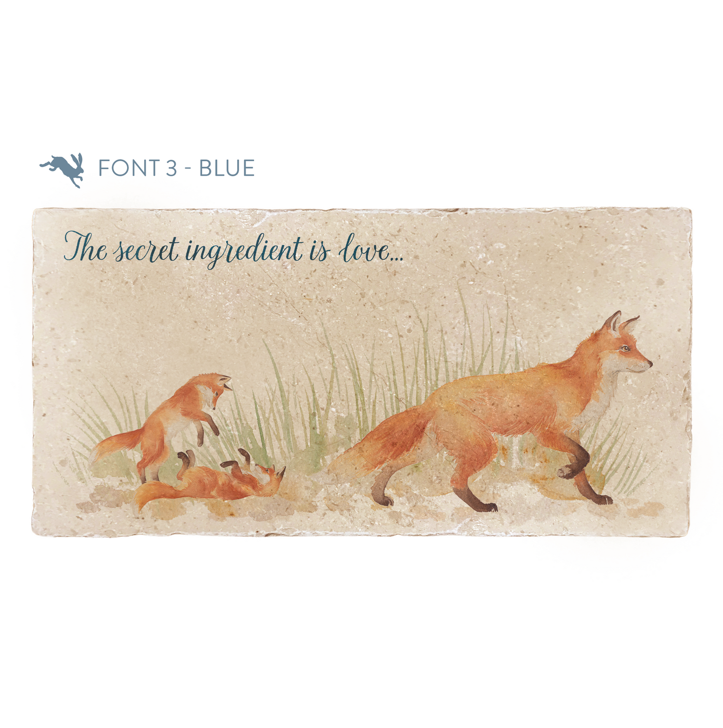 A personalised rectangular marble sharing platter featuring a fox design. The example personalised dark blue text reads 'The secret ingredient is love' in a modern script font.