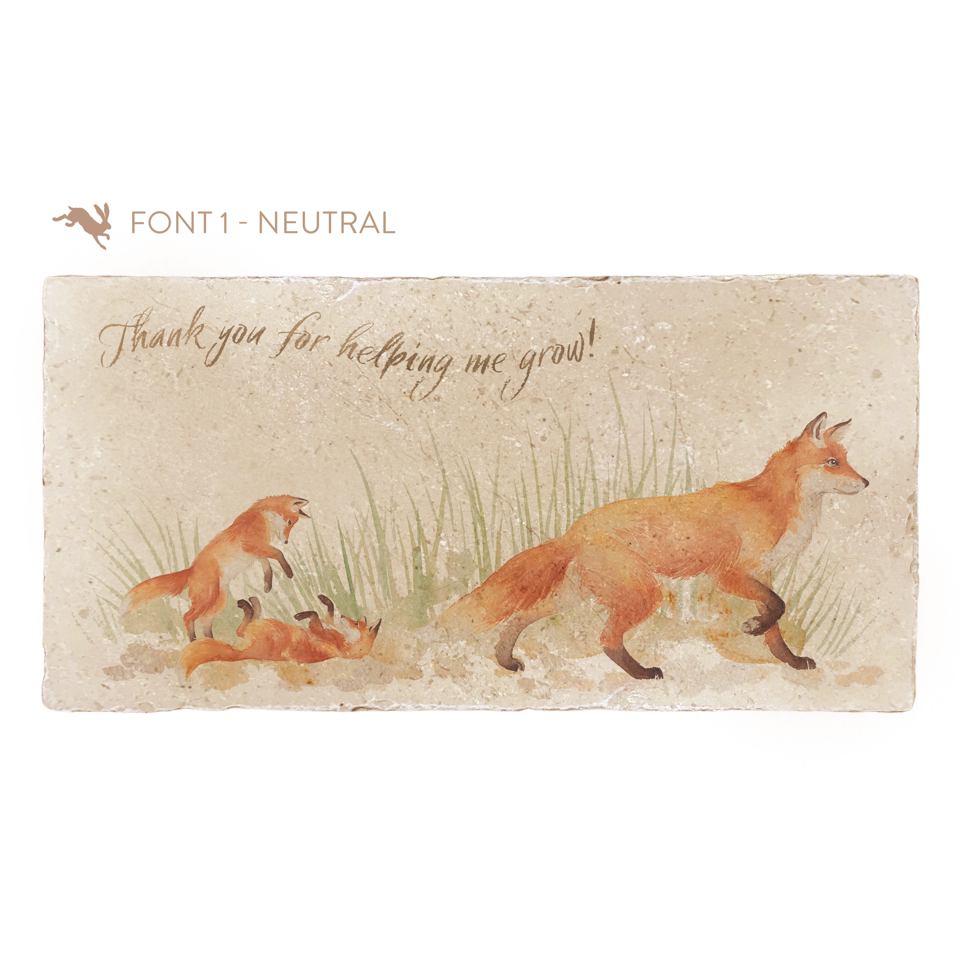 A personalised rectangular marble sharing platter featuring a fox design. The example personalised neutral colour text reads 'Thank you for helping me grow' in a brush script font.
