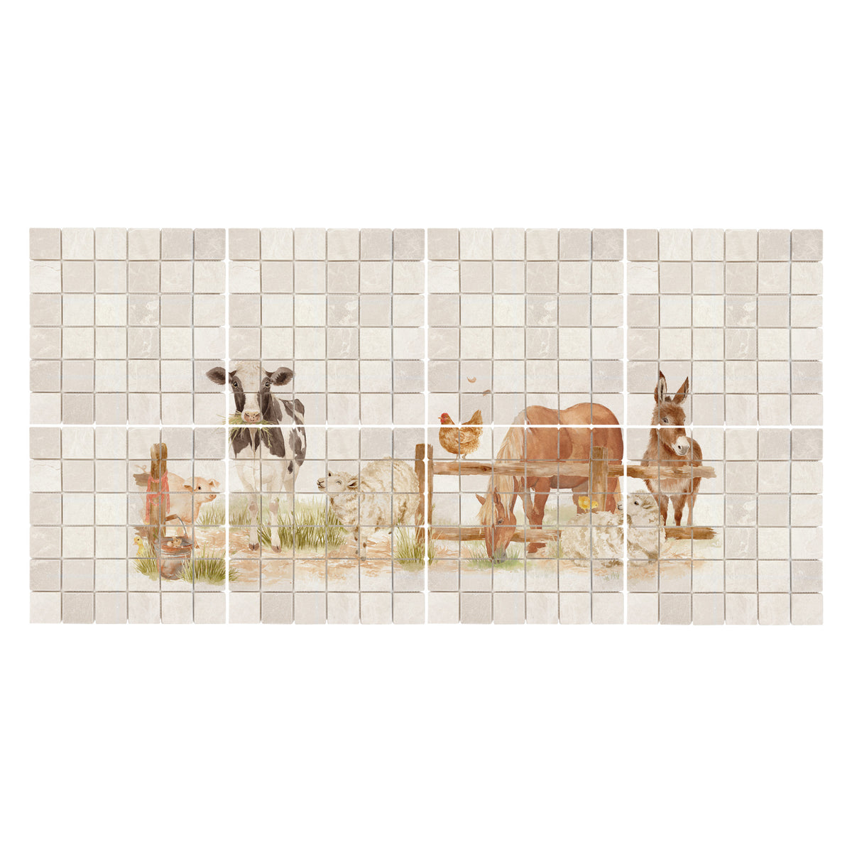 Statement marble mural depicting an idyllic Great British countryside scene. Farmyard scene, with a sheep, horse, donkey, cow, chicken, pig
