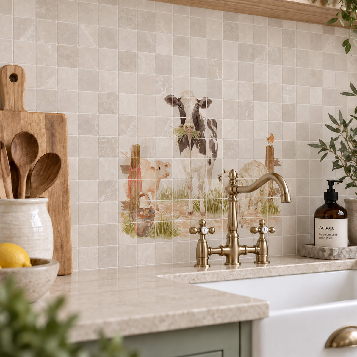 Statement marble mural depicting an idyllic Great British countryside scene. Farmyard scene, with a sheep, horse, donkey, cow, chicken, pig